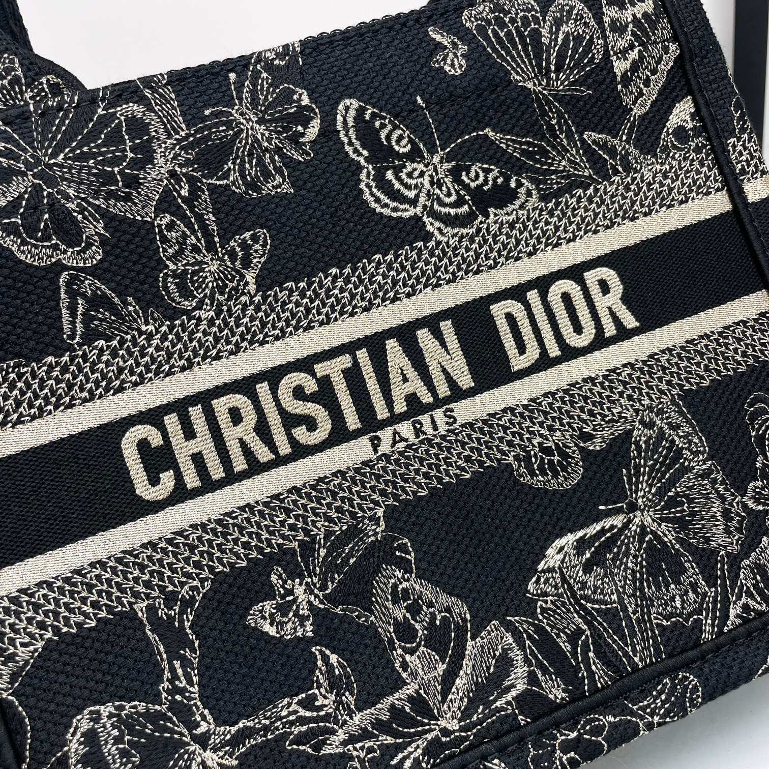Dior Black Butterfly Embroidered Canvas Tote Bag Top Handle Handbag