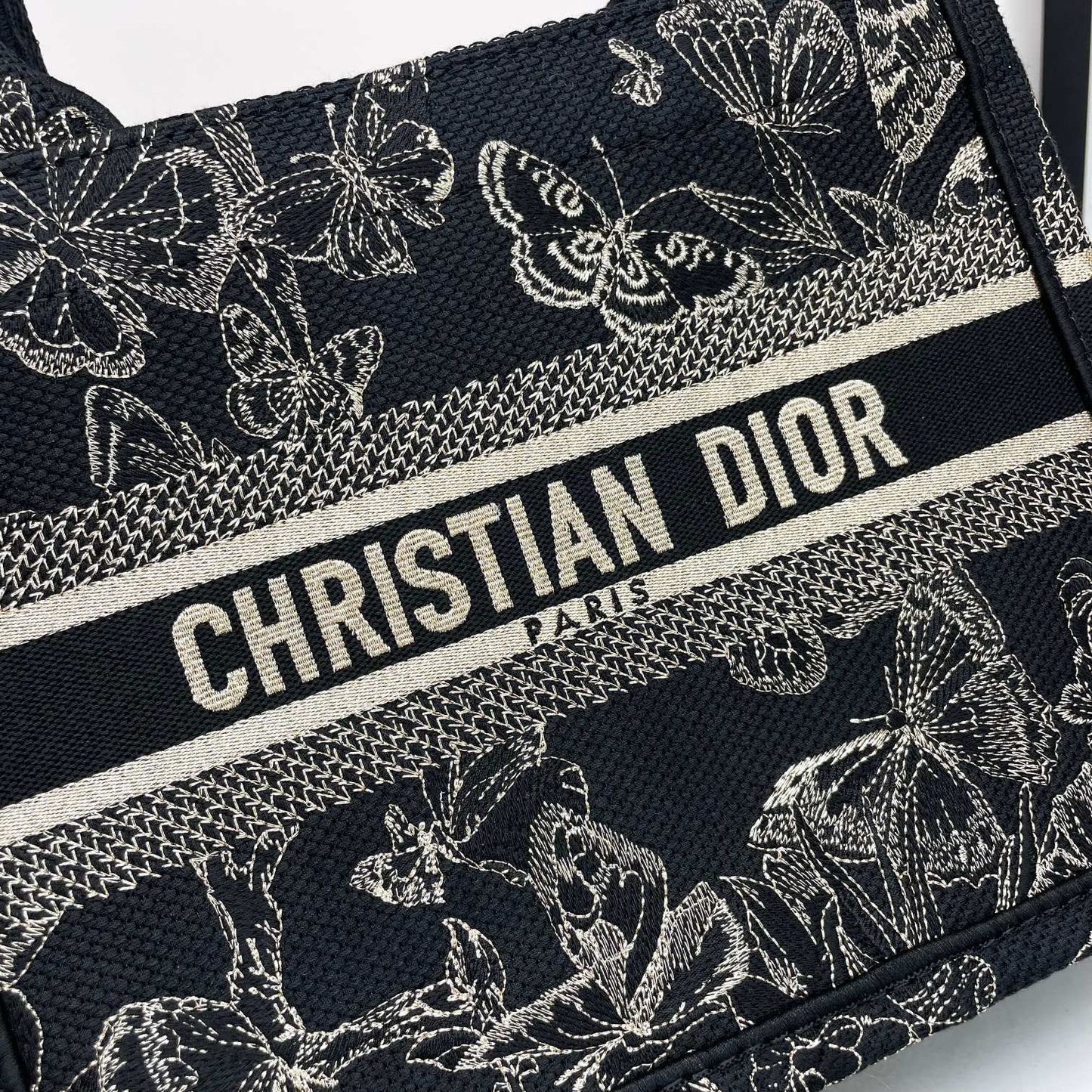 Dior Elegant Black and White Butterfly Pattern Canvas Tote Handbag