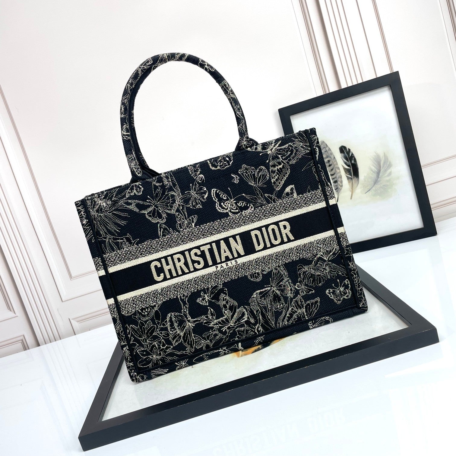 Dior Black and White Embroidered Butterfly Floral Canvas Tote Bag