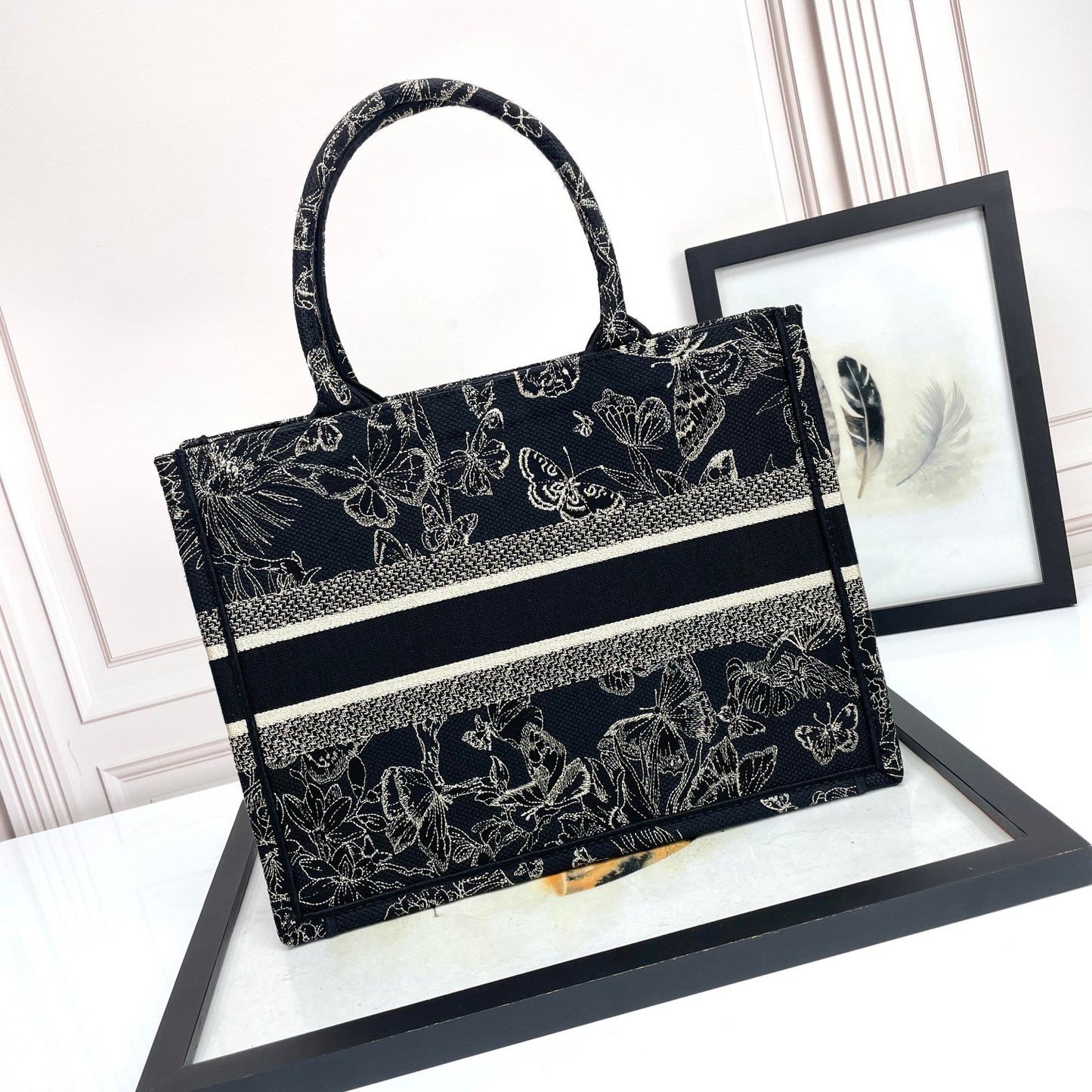 Dior Black and White Embroidered Butterfly Floral Canvas Tote Bag