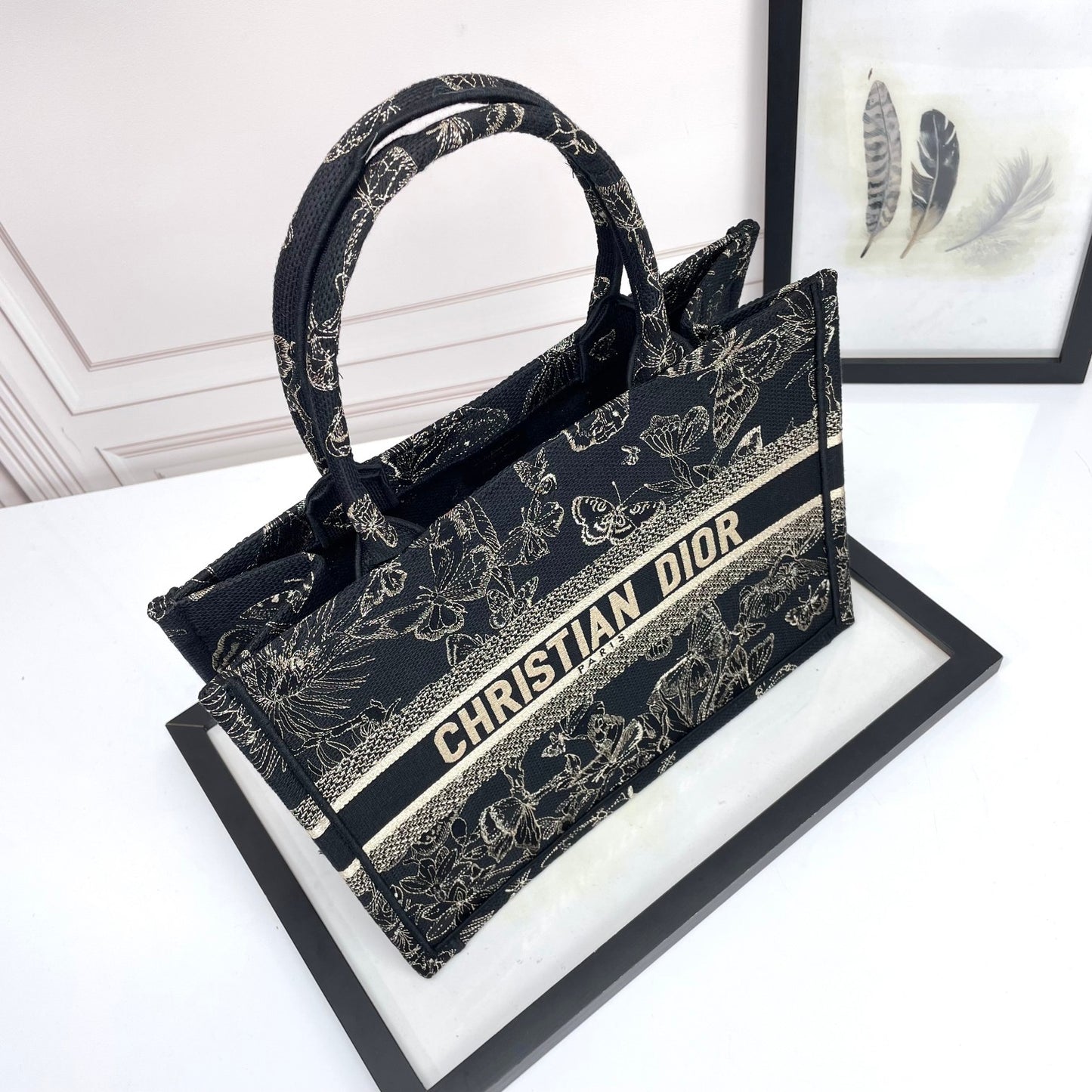 Dior Black and White Embroidered Butterfly Floral Canvas Tote Bag