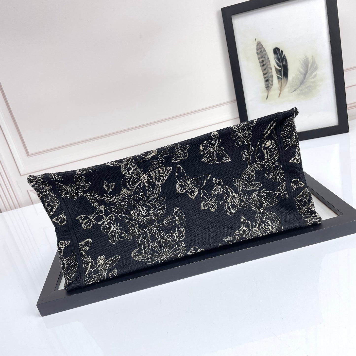 Dior Black and White Embroidered Butterfly Floral Canvas Tote Bag
