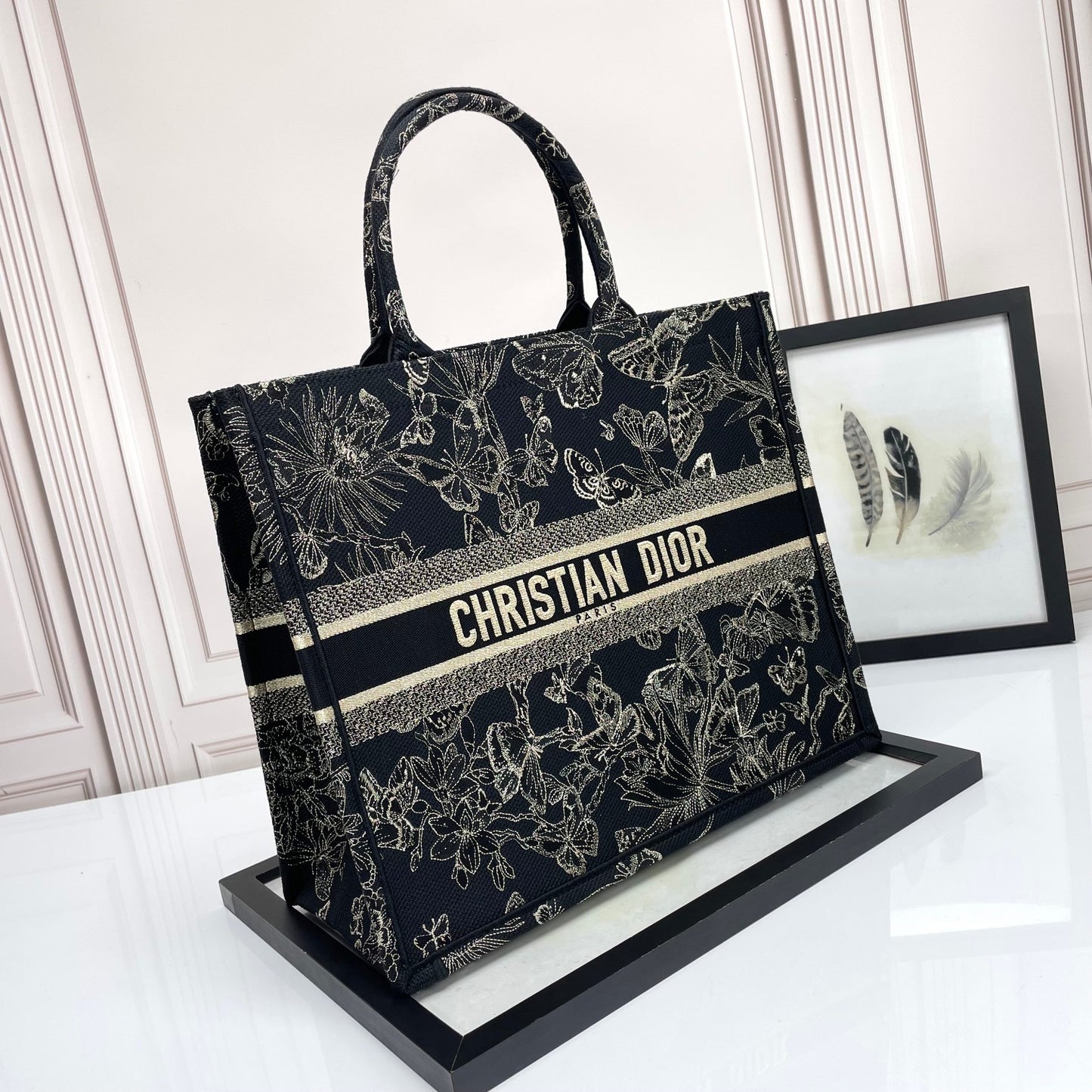 Dior Elegant Black Embroidered Butterfly and Floral Canvas Tote Handbag