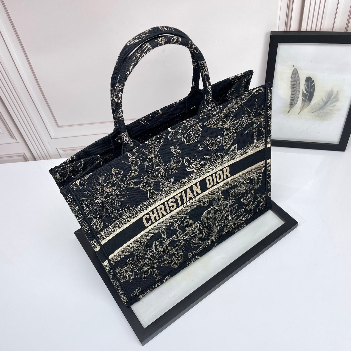 Dior Elegant Black Embroidered Butterfly and Floral Canvas Tote Handbag