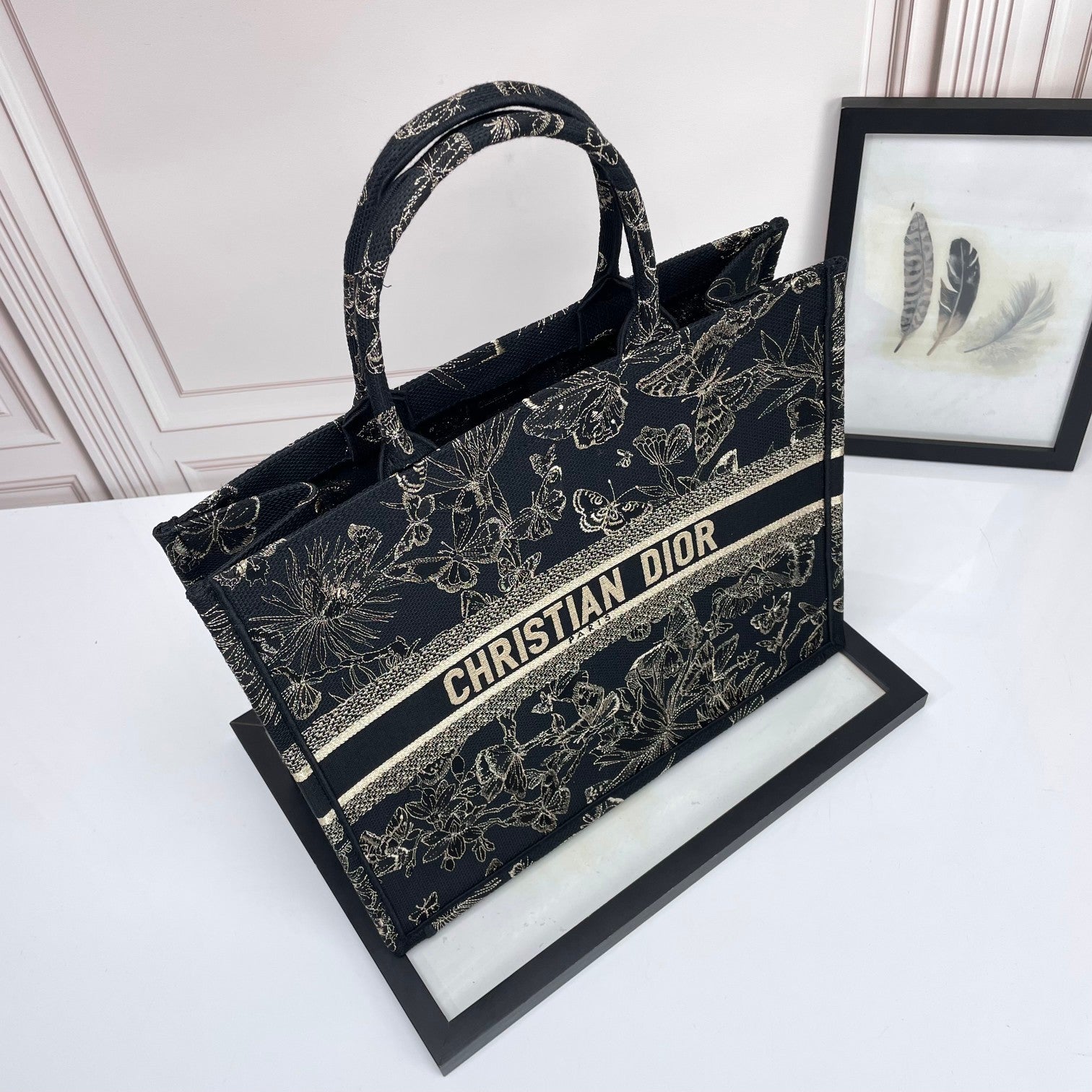 Dior Elegant Black Embroidered Butterfly and Floral Canvas Tote Handbag