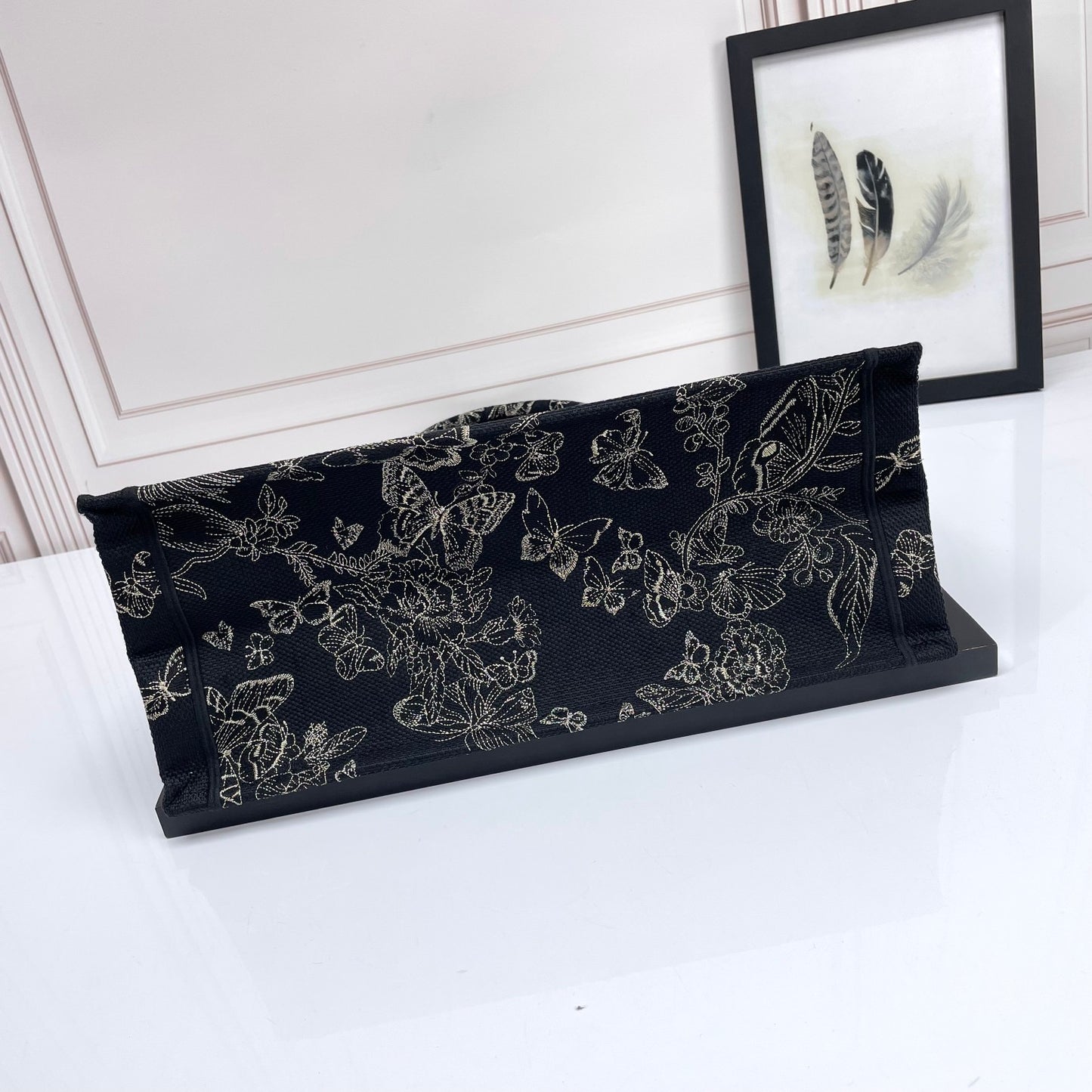 Dior Elegant Black Embroidered Butterfly and Floral Canvas Tote Handbag