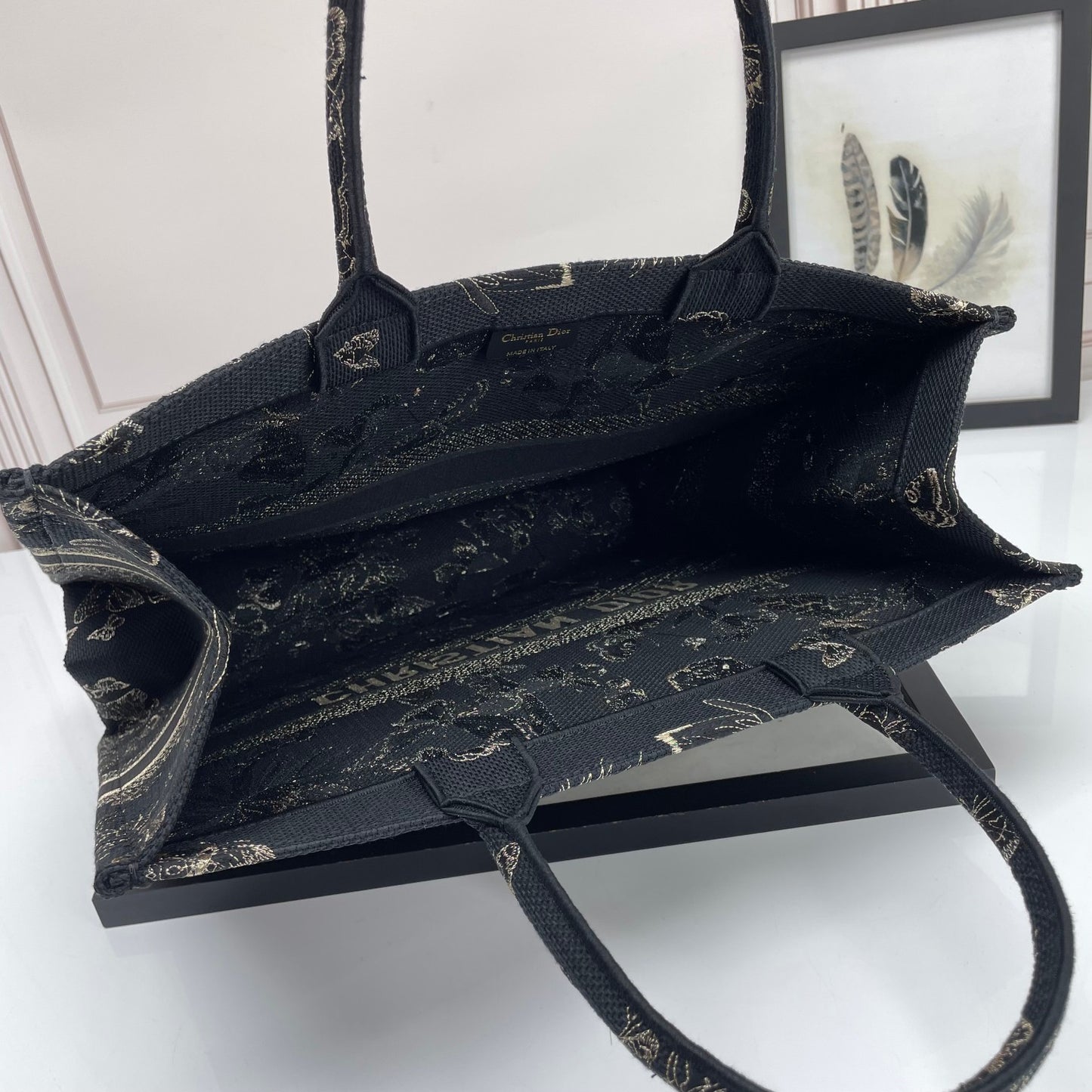 Dior Elegant Black Embroidered Butterfly and Floral Canvas Tote Handbag