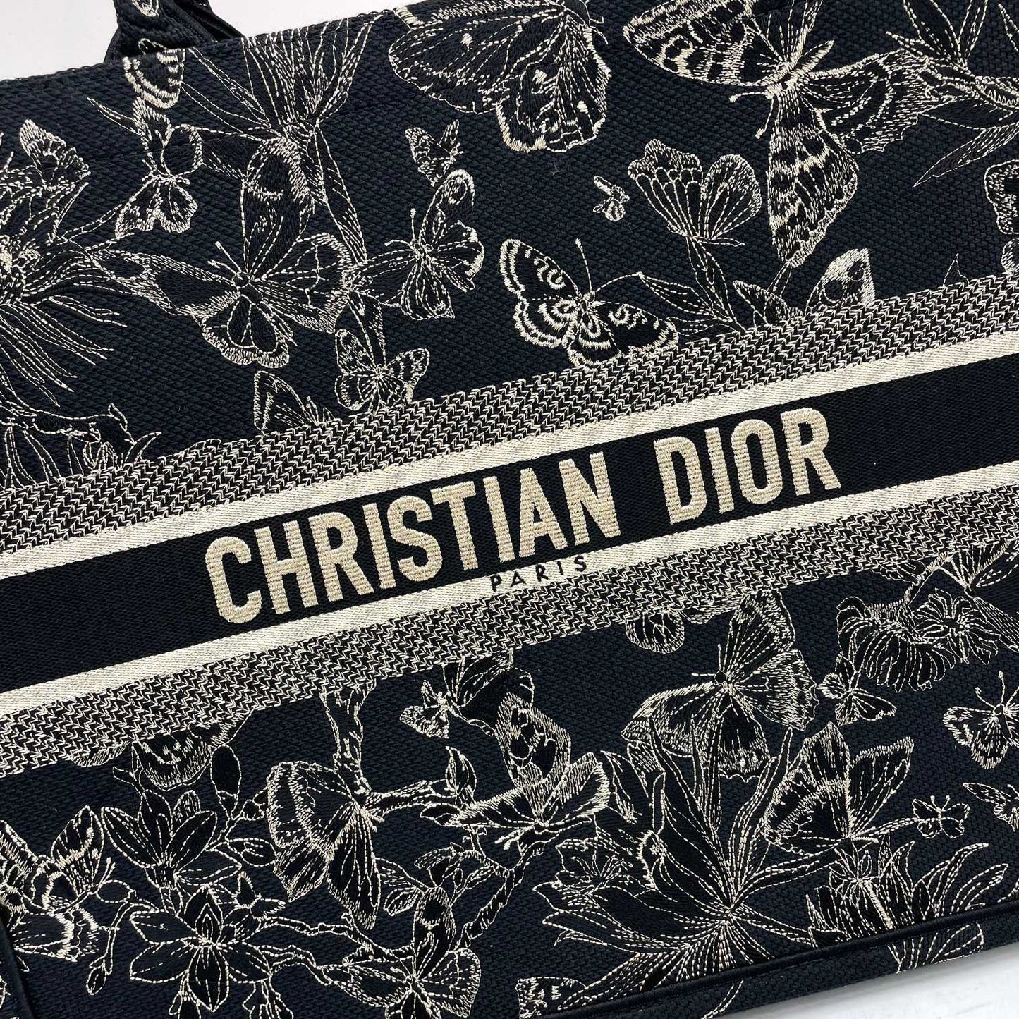 Christian Dior Large Book Tote Black and White Butterfly Embroidery Bag