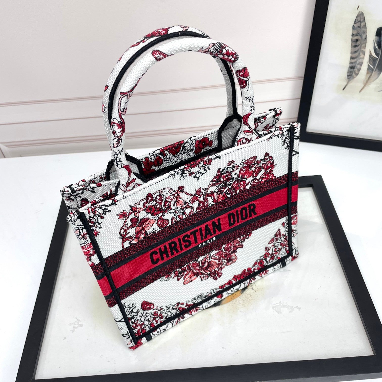 Dior Elegant Red and White Floral Heart Embroidered Canvas Tote Handbag