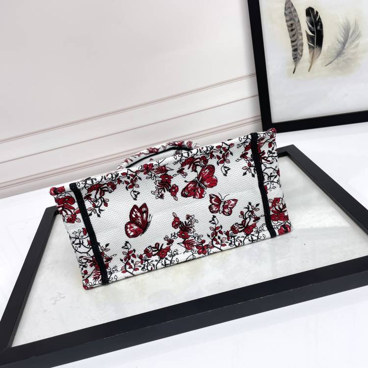 Dior Elegant Red and White Floral Heart Embroidered Canvas Tote Handbag