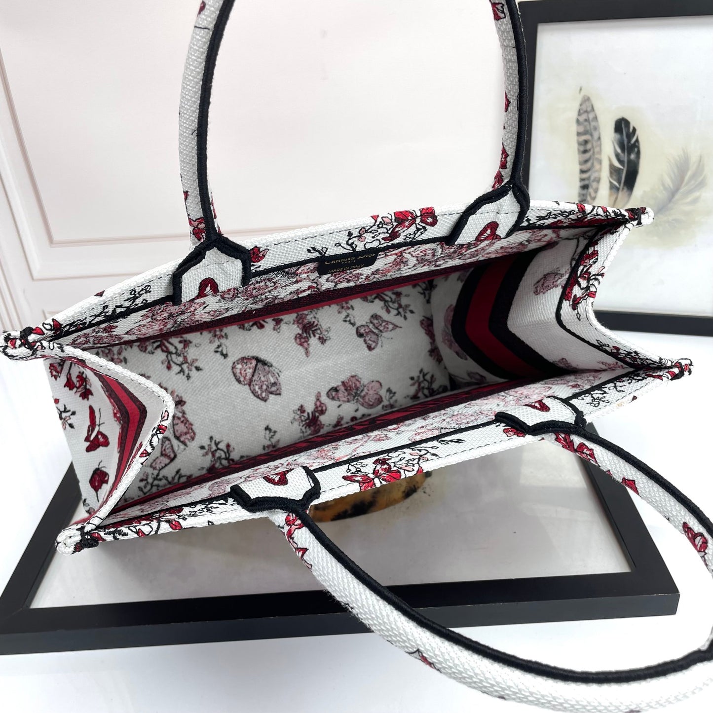 Dior Elegant Red and White Floral Heart Embroidered Canvas Tote Handbag
