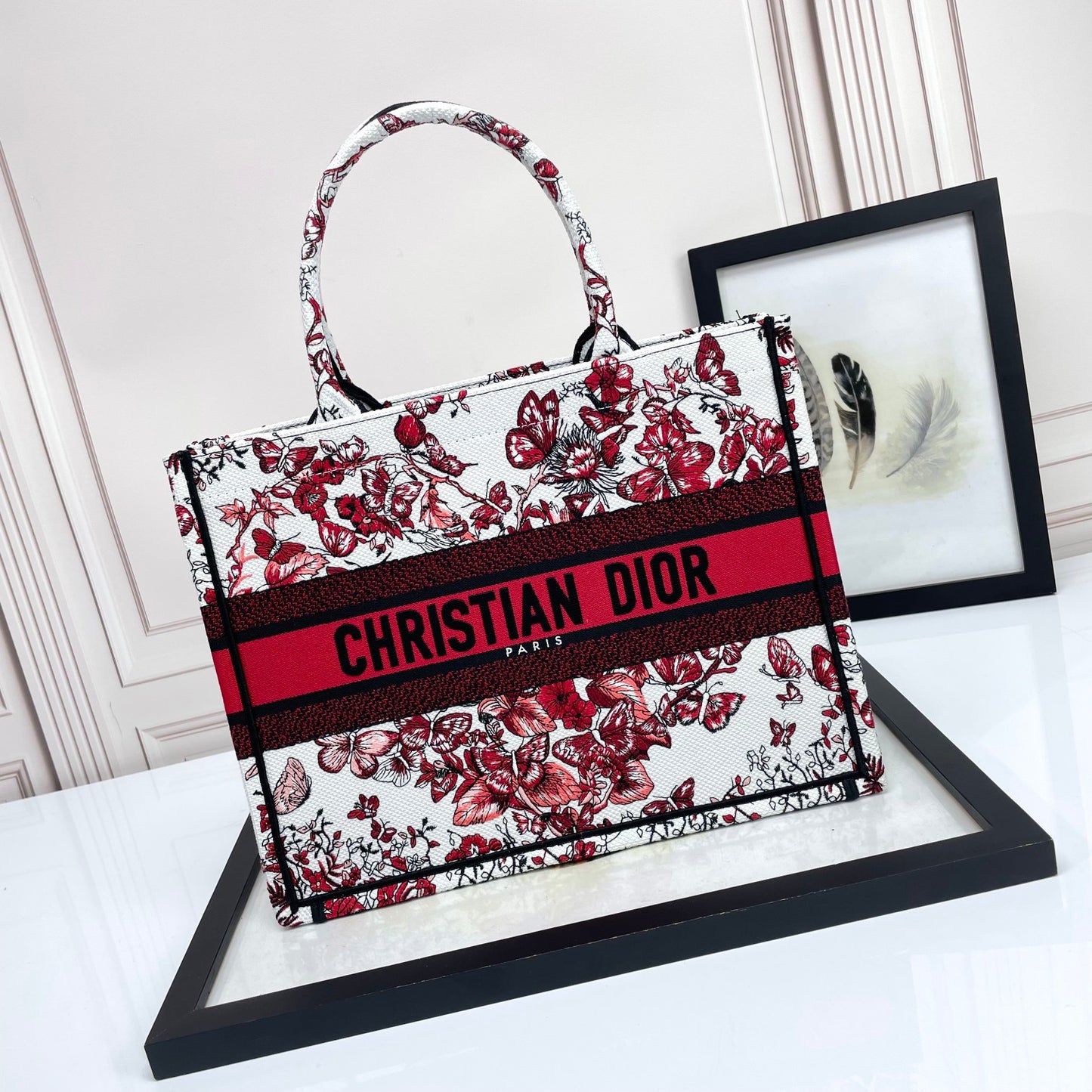 Dior Red Floral Butterfly Canvas Tote Bag Top Handle Handbag