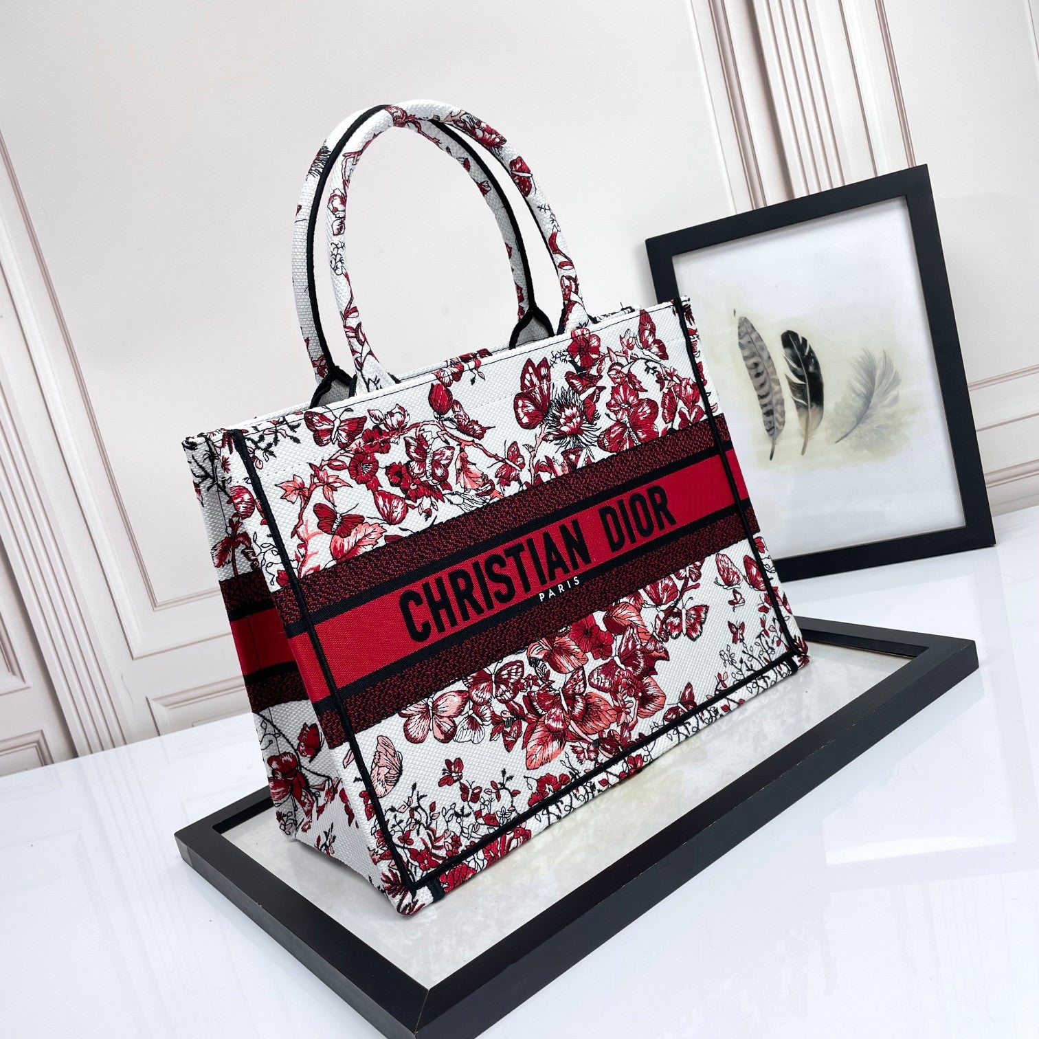 Dior Luxury Floral Butterfly Canvas Tote Bag Red Embroidered Handbag