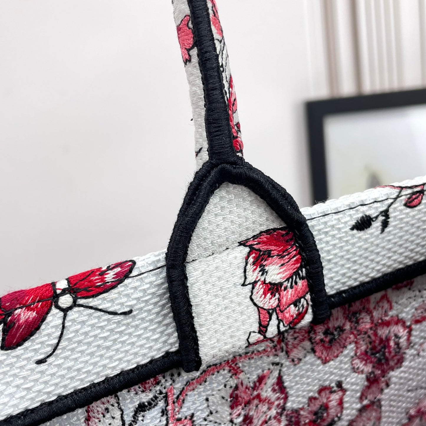 Dior Red Floral Butterfly Canvas Tote Bag Top Handle Handbag