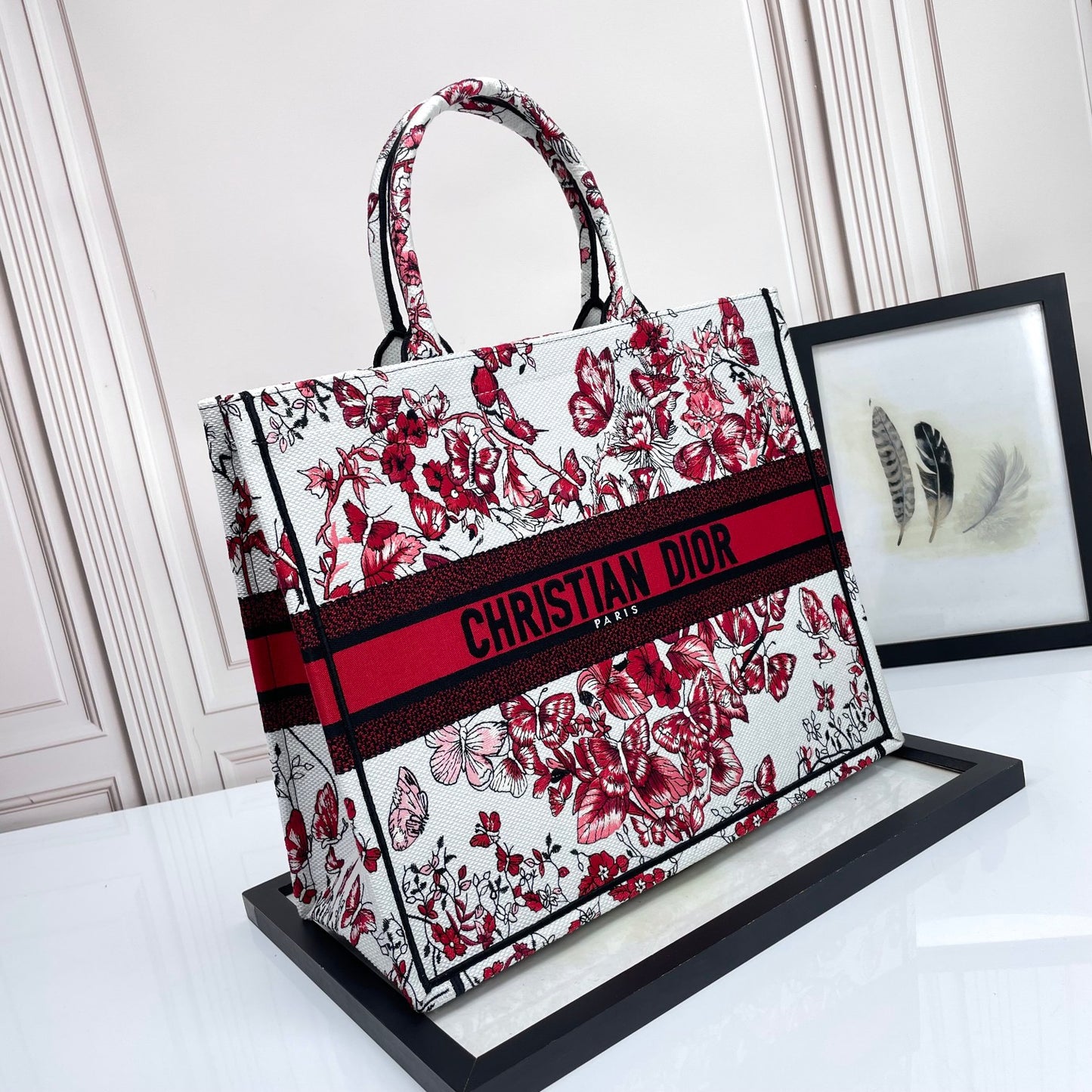 Dior Elegant Red and White Floral Butterfly Canvas Tote Handbag