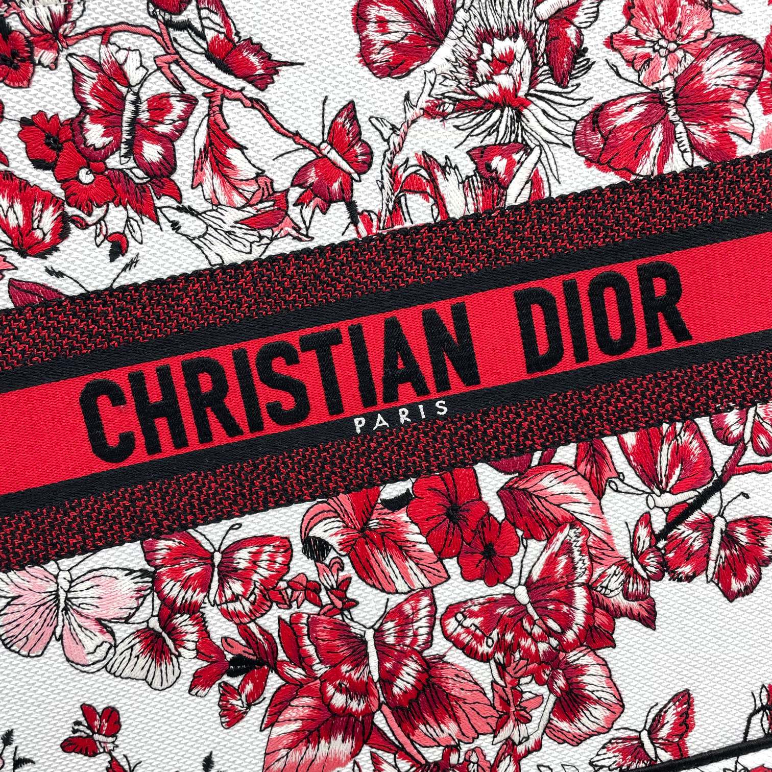 Dior Elegant Red and White Floral Butterfly Canvas Tote Handbag