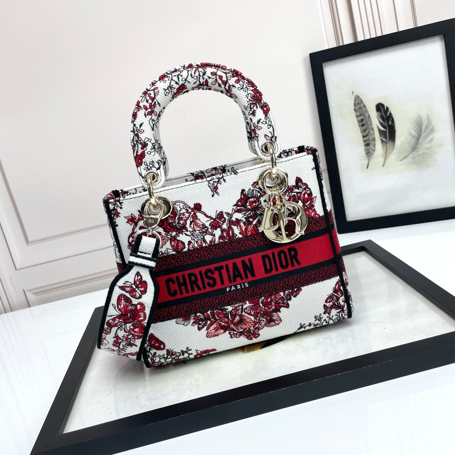 Dior Red Floral and Butterfly Embroidered Canvas Top Handle Bag