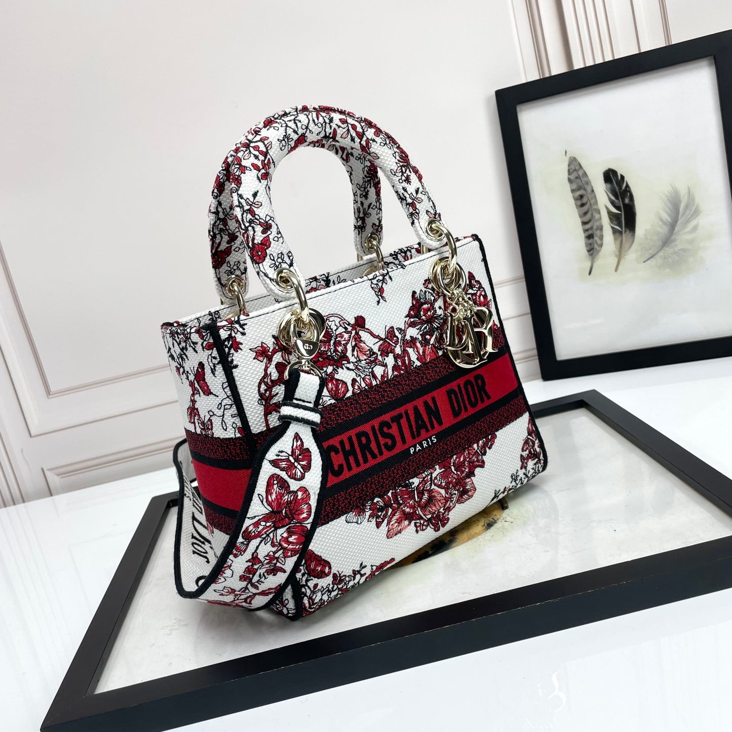 Christian Dior Lady D-Lite Handbag - Red and White Butterfly Embroidery
