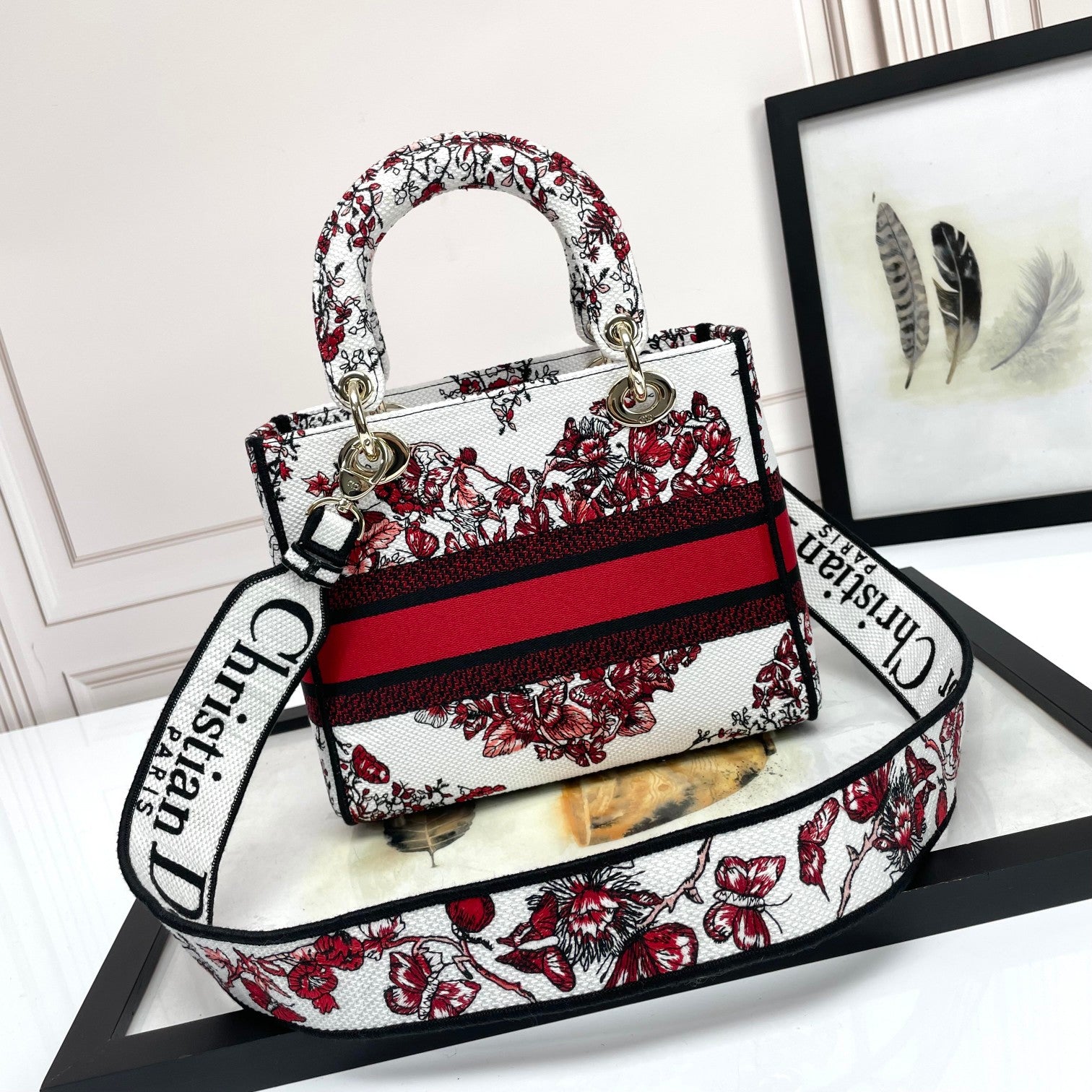 Dior Elegant Red and White Floral Butterfly Embroidered Handbag