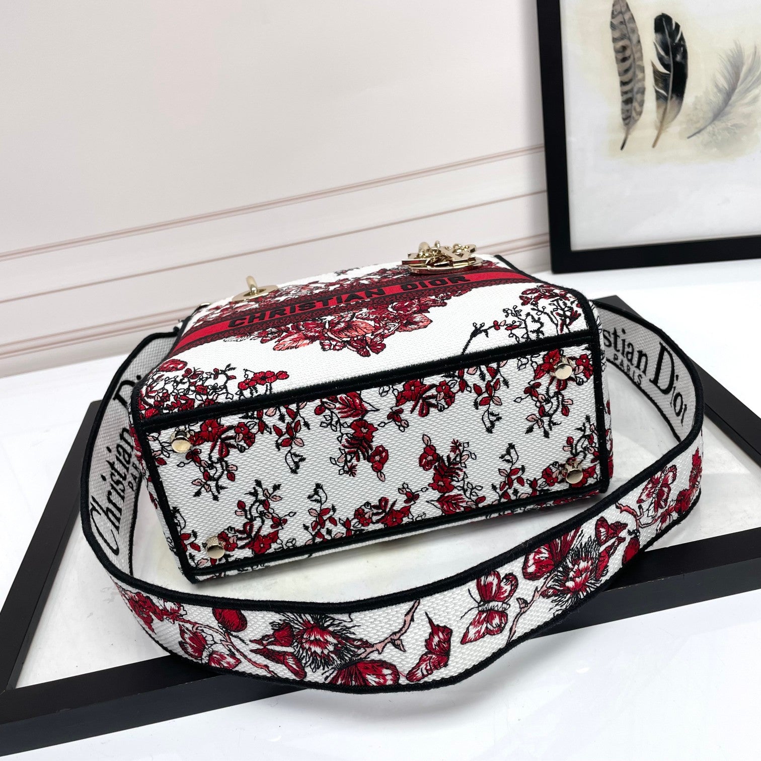 Dior Luxury Red Floral Butterfly Embroidered Handbag with Wide Strap