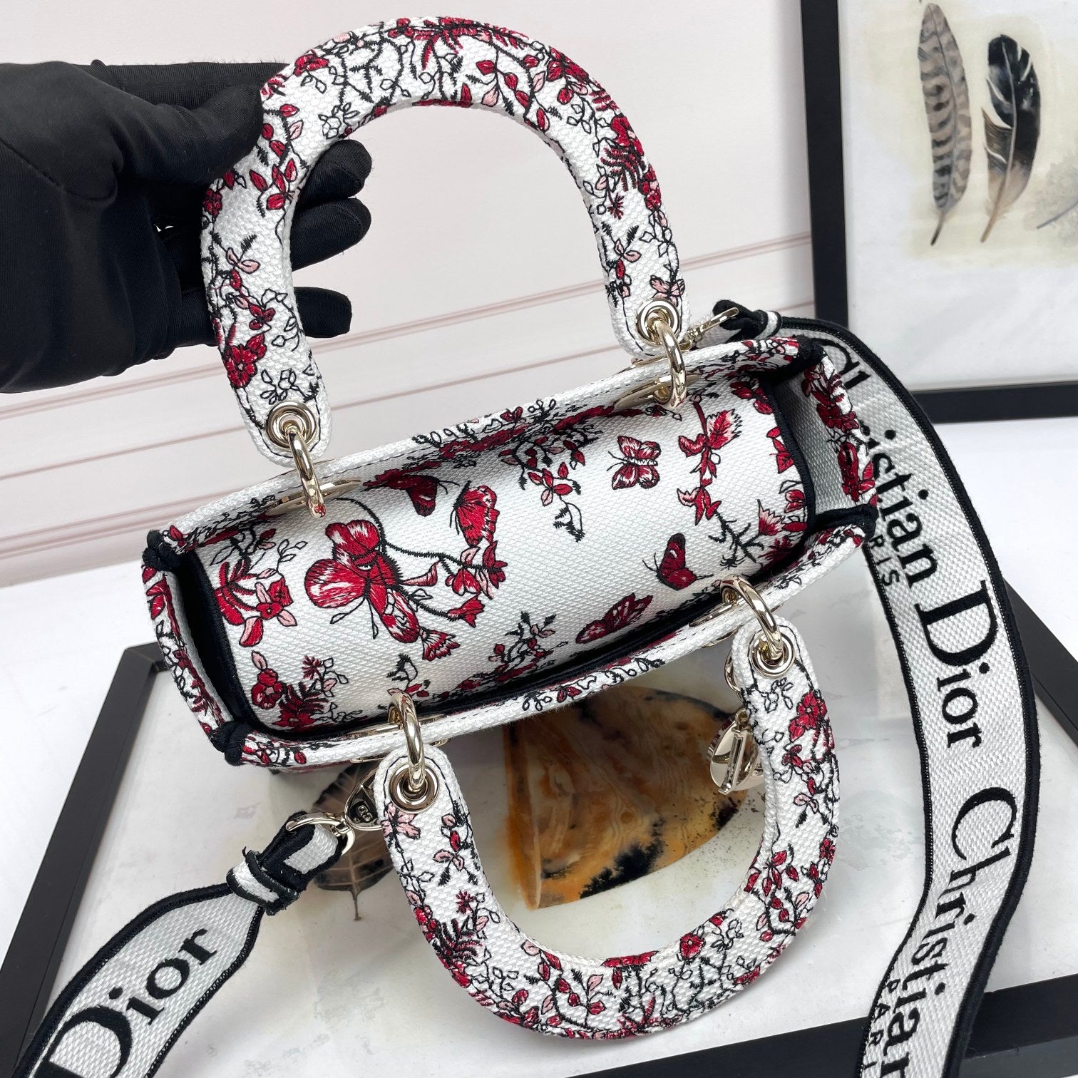 Dior Elegant Red and White Floral Butterfly Embroidered Handbag