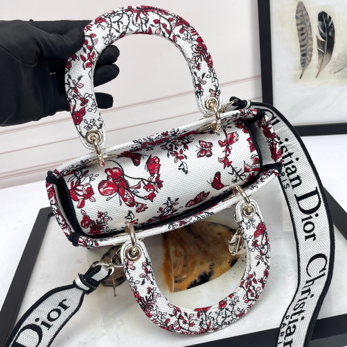 Dior Red Floral and Butterfly Embroidered Canvas Top Handle Bag