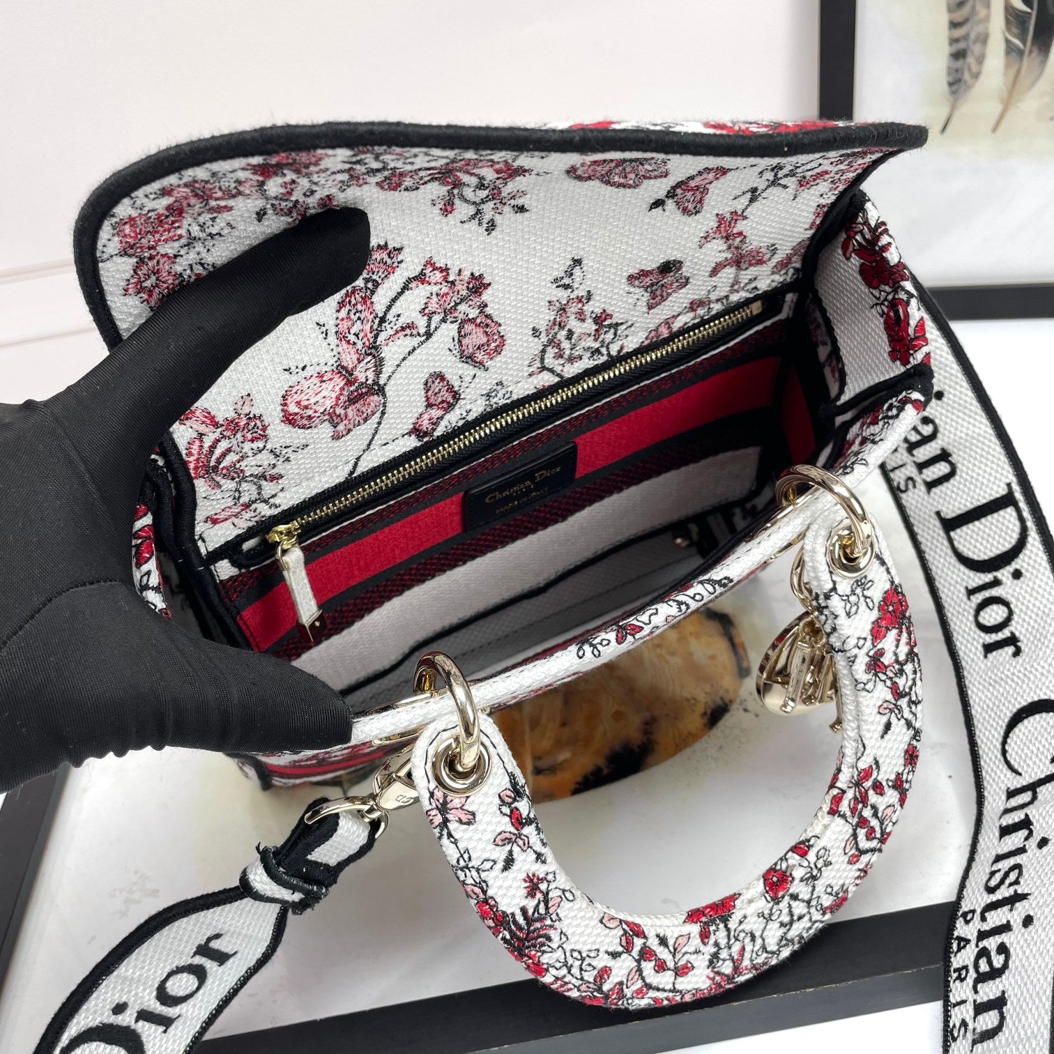 Dior Luxury Red Floral Butterfly Embroidered Handbag with Wide Strap