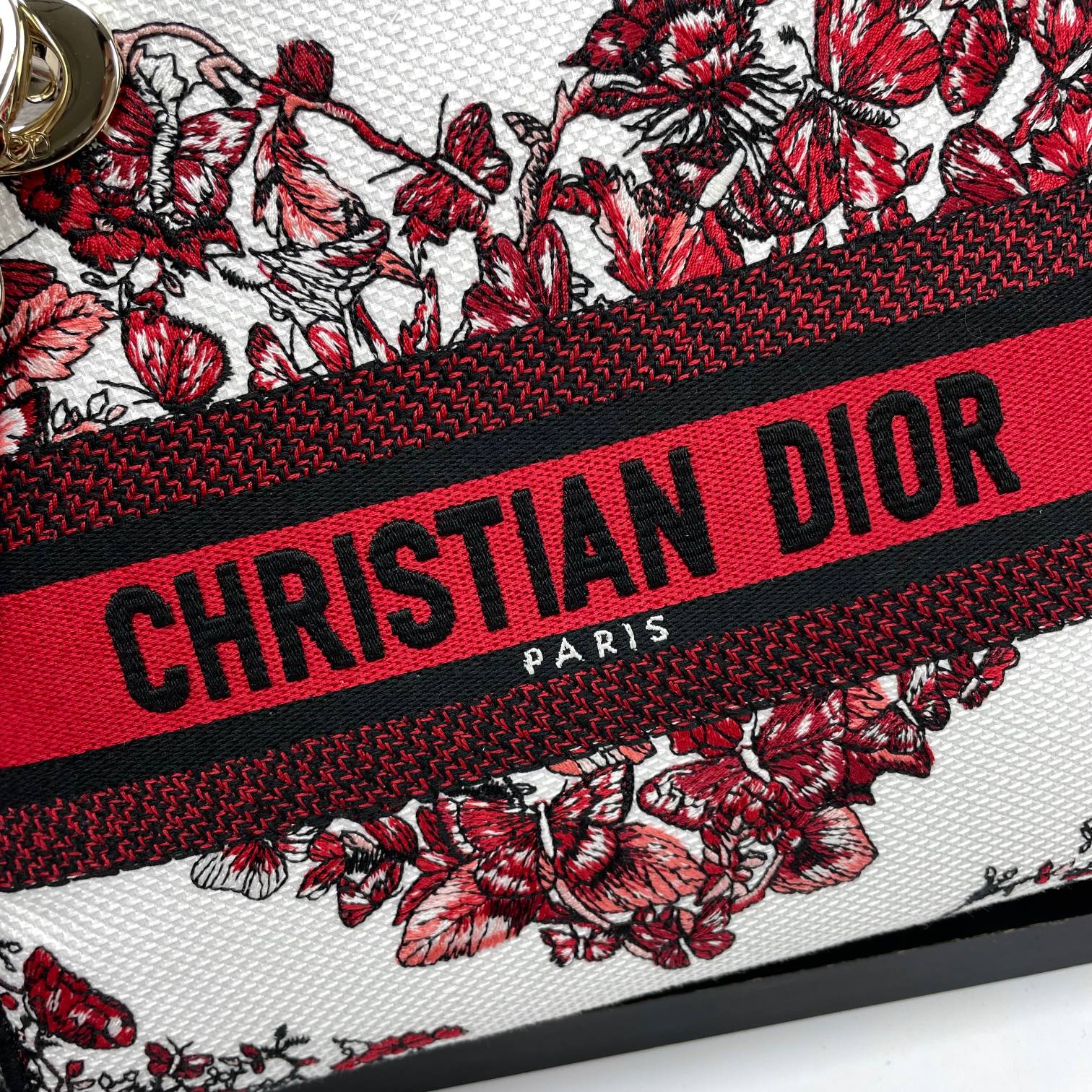 Dior Red Floral Butterfly Embroidered Canvas Top Handle Handbag