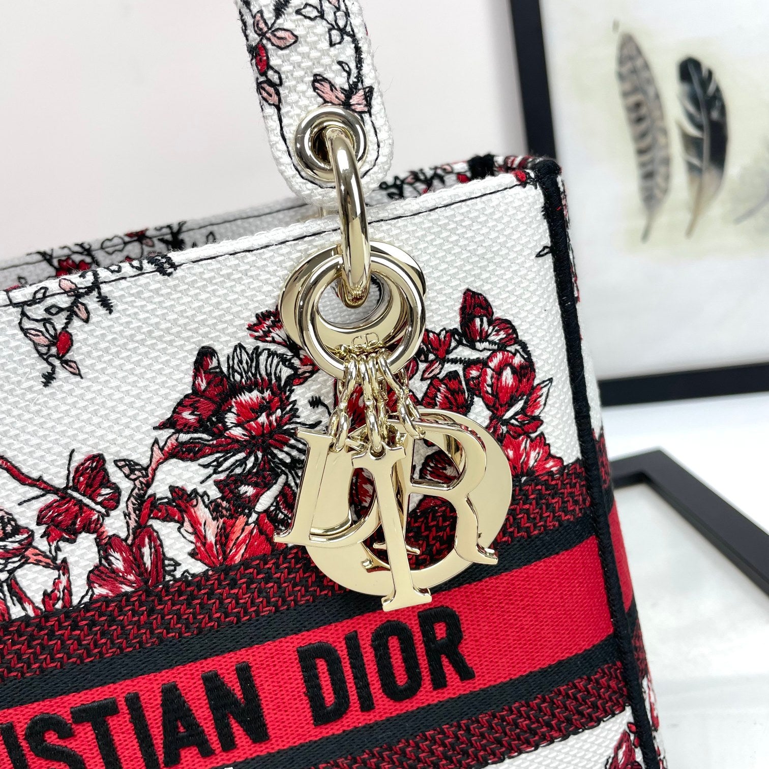 Dior Elegant Red and White Floral Butterfly Embroidered Handbag