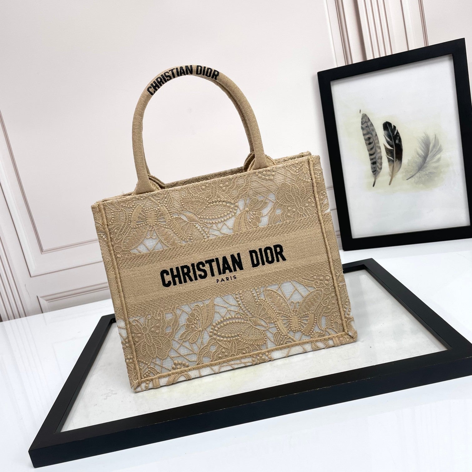 Dior Elegant Beige Embroidered Floral Lace Canvas Tote Handbag
