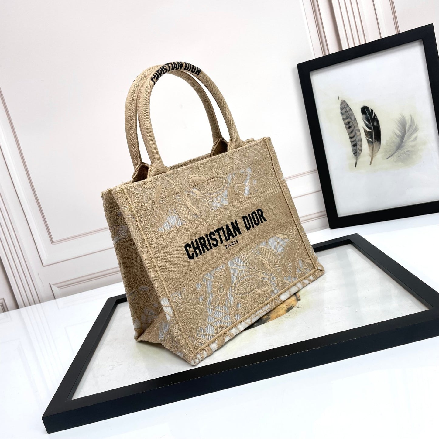 Dior Elegant Beige Floral Lace Embroidered Canvas Tote Handbag