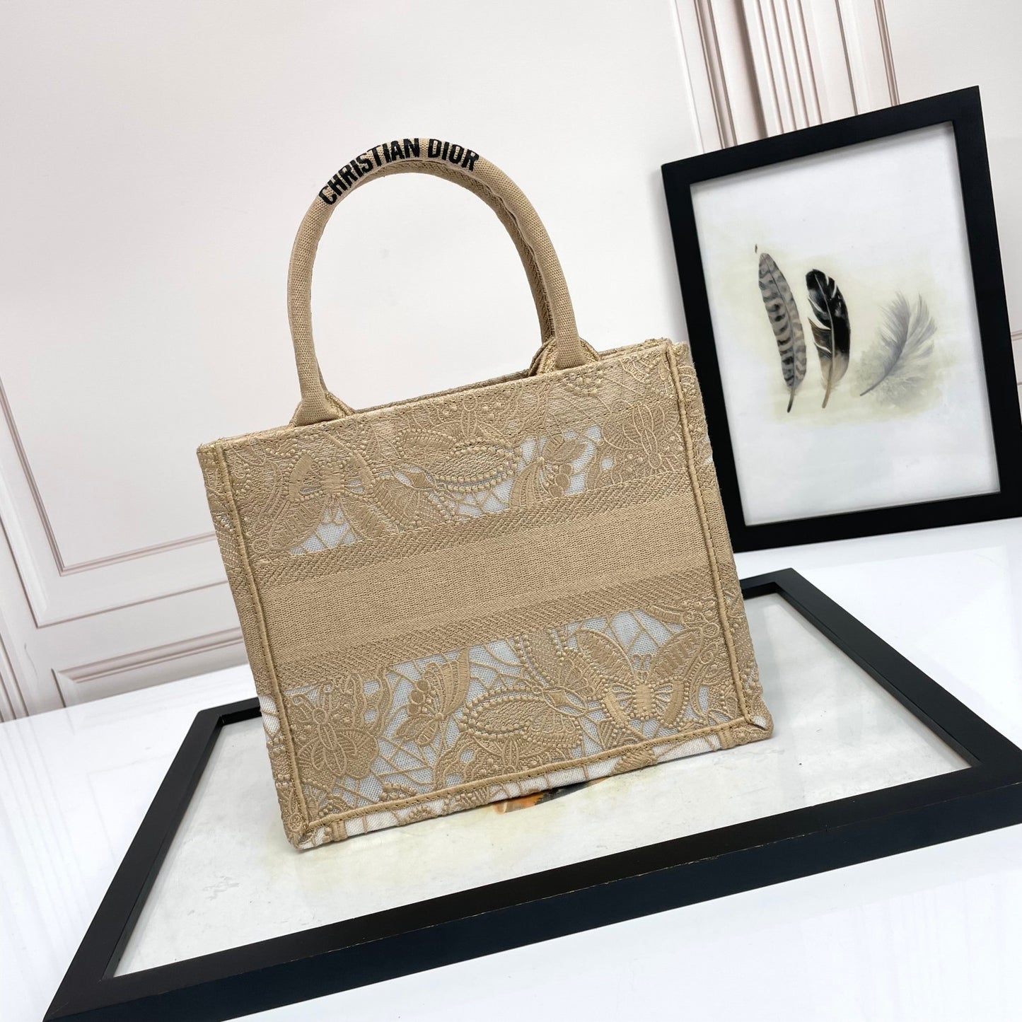 Dior Elegant Beige Floral Lace Embroidered Canvas Tote Handbag