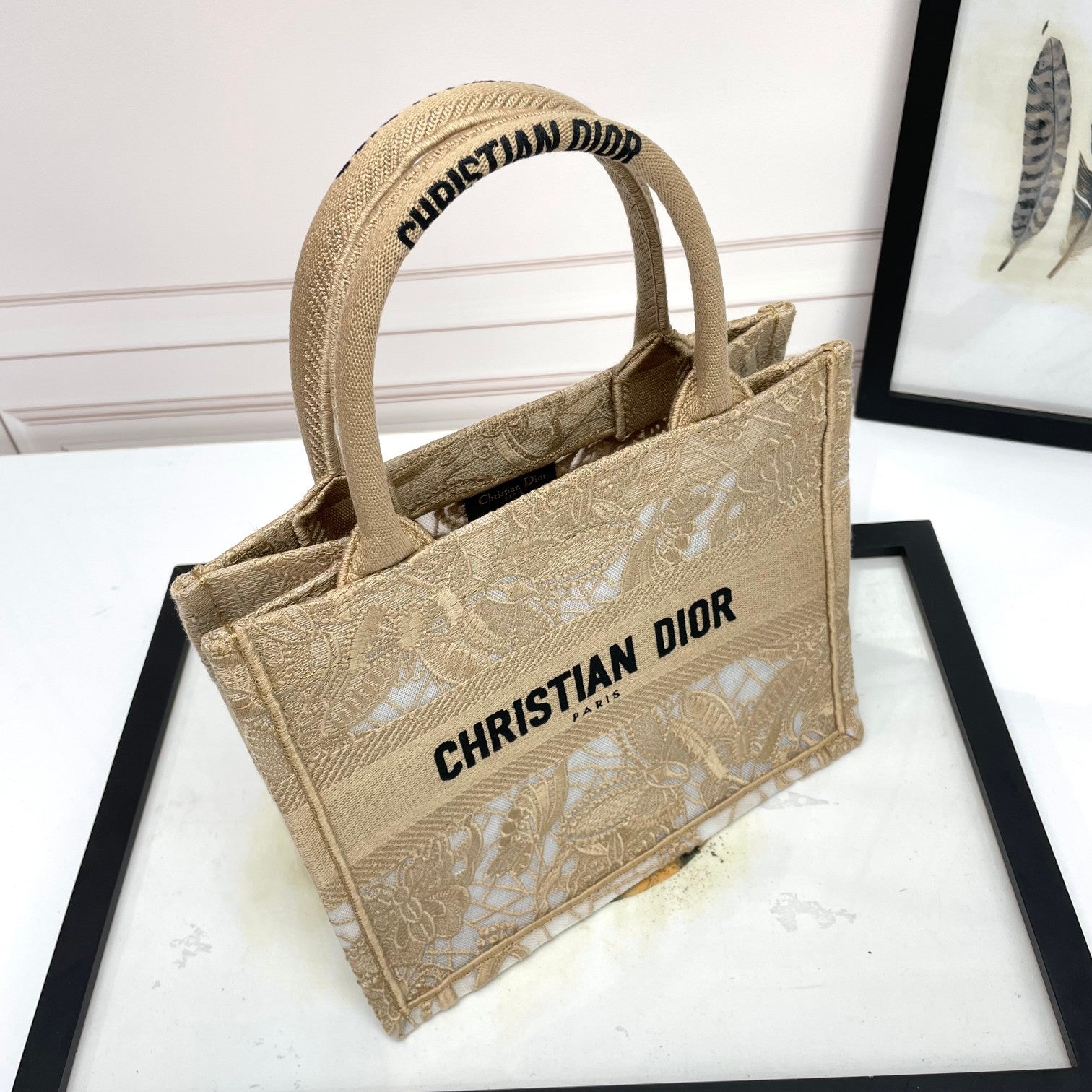 Dior Elegant Beige Embroidered Floral Lace Canvas Tote Handbag