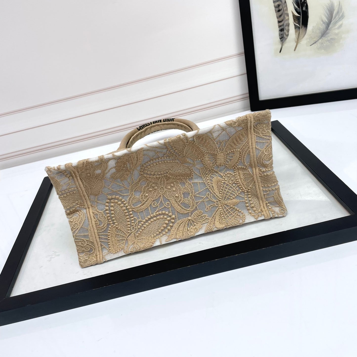 Dior Elegant Beige Embroidered Floral Lace Canvas Tote Handbag