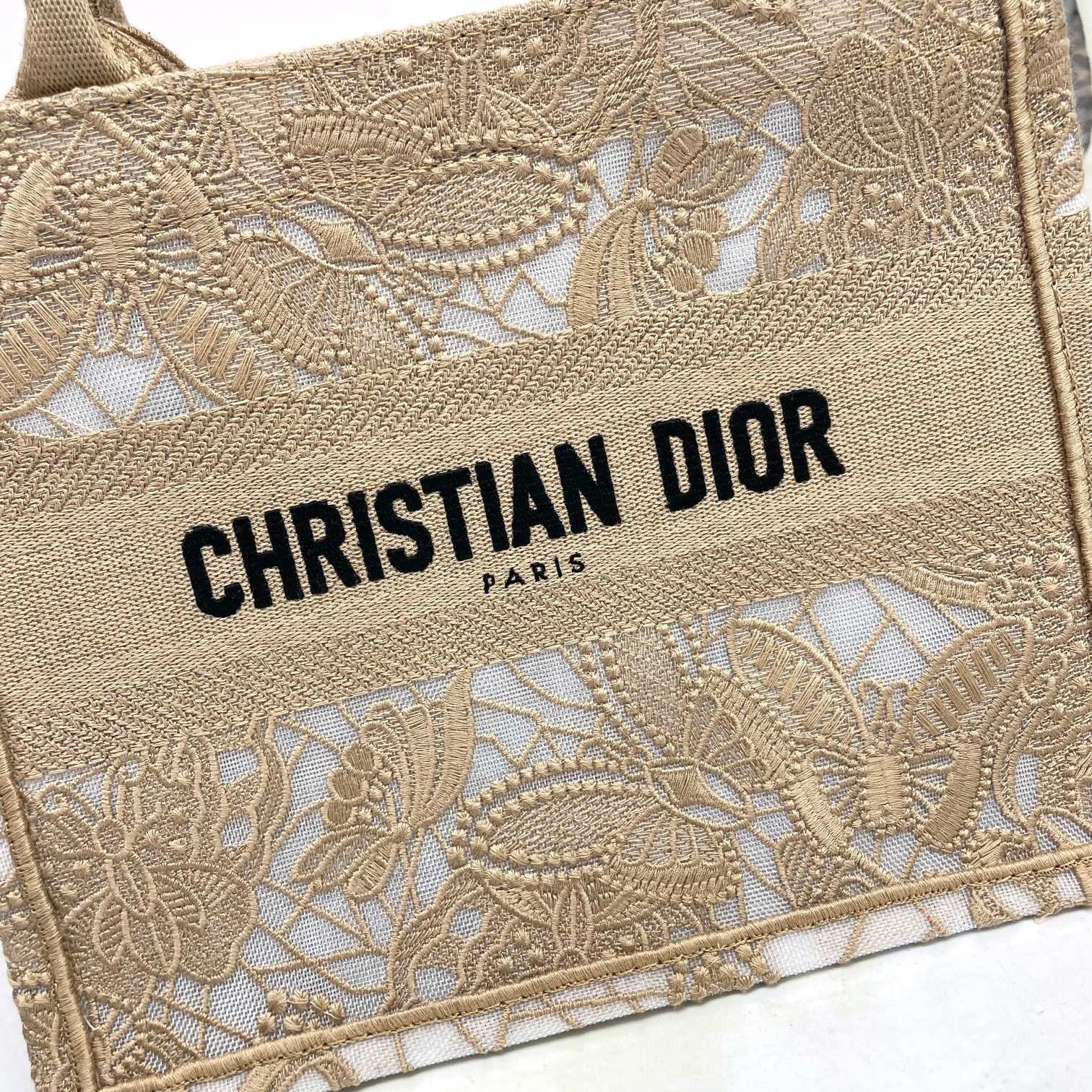 Dior Elegant Beige Embroidered Floral Lace Canvas Tote Handbag