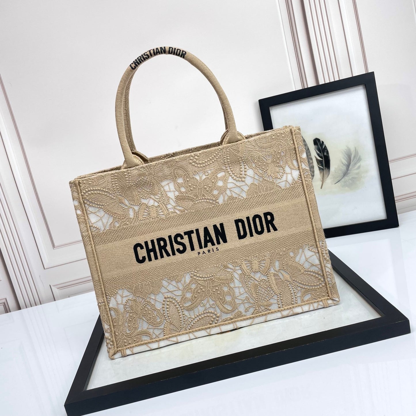Dior Elegant Floral Lace Embroidered Canvas Tote Bag with Top Handles