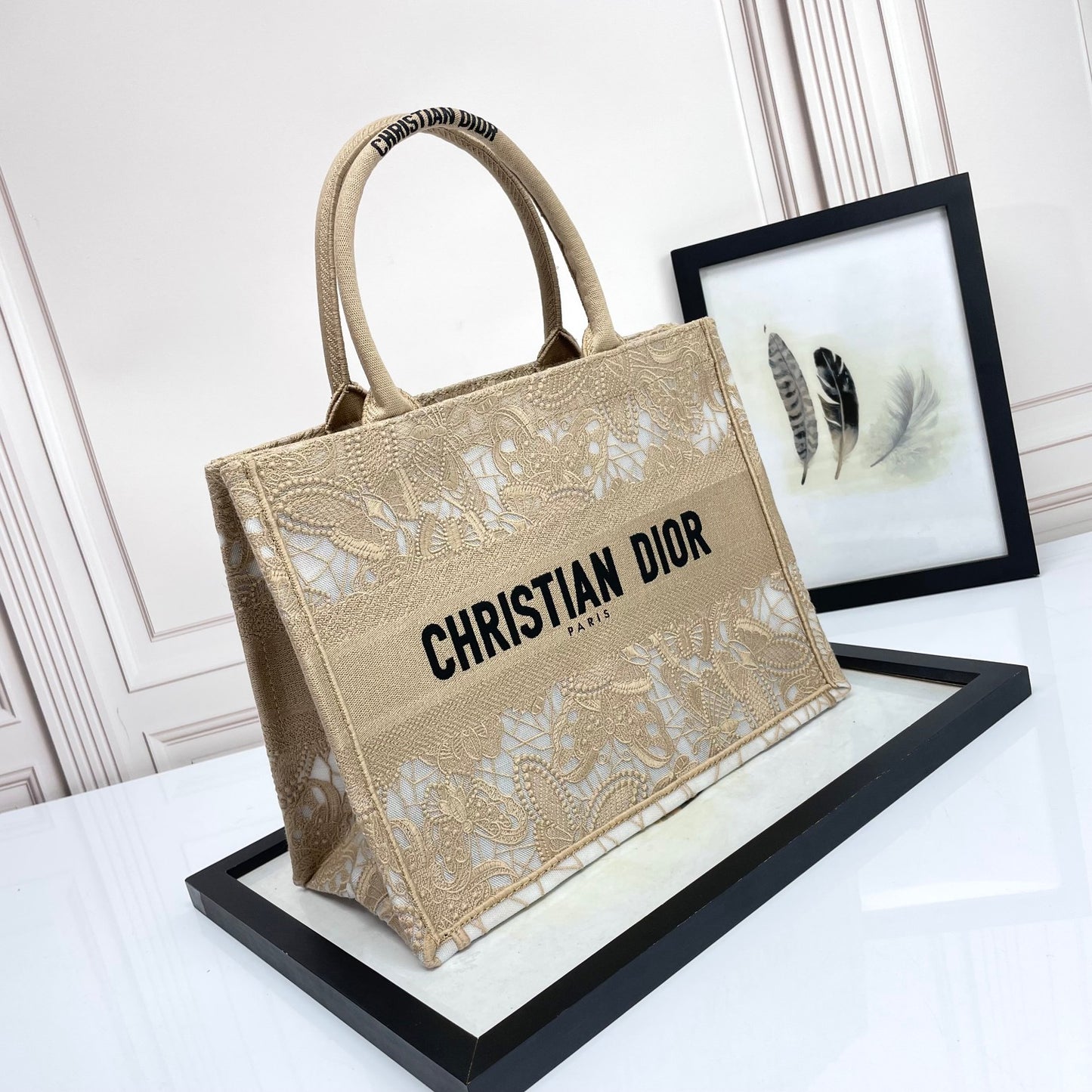 Dior Elegant Beige Canvas Tote Bag with White Lace Embroidery