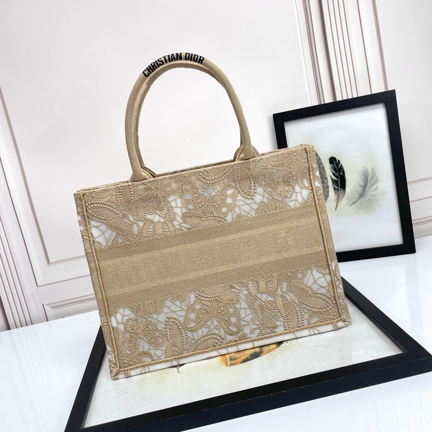 Dior Elegant Floral Lace Embroidered Canvas Tote Bag with Top Handles