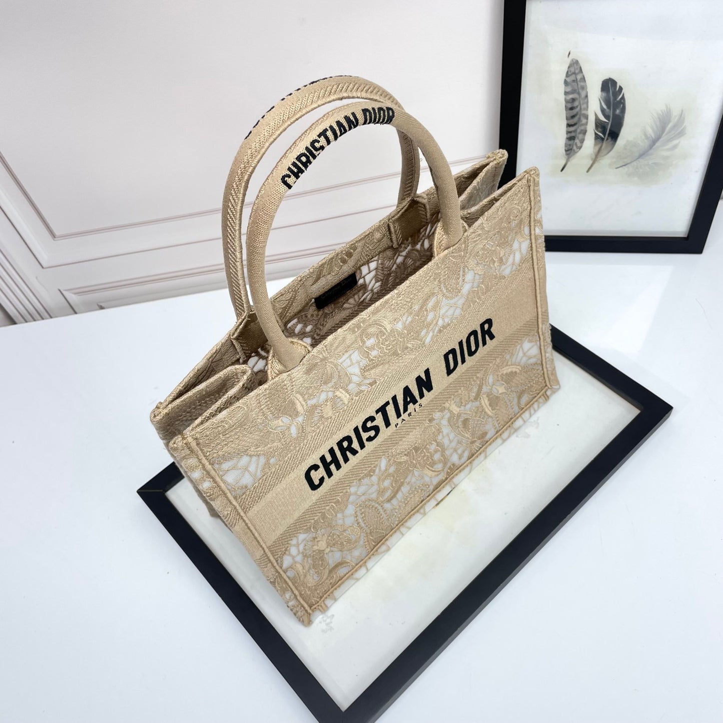 Christian Dior Medium Book Tote - Beige Canvas with White Lace Embroidery