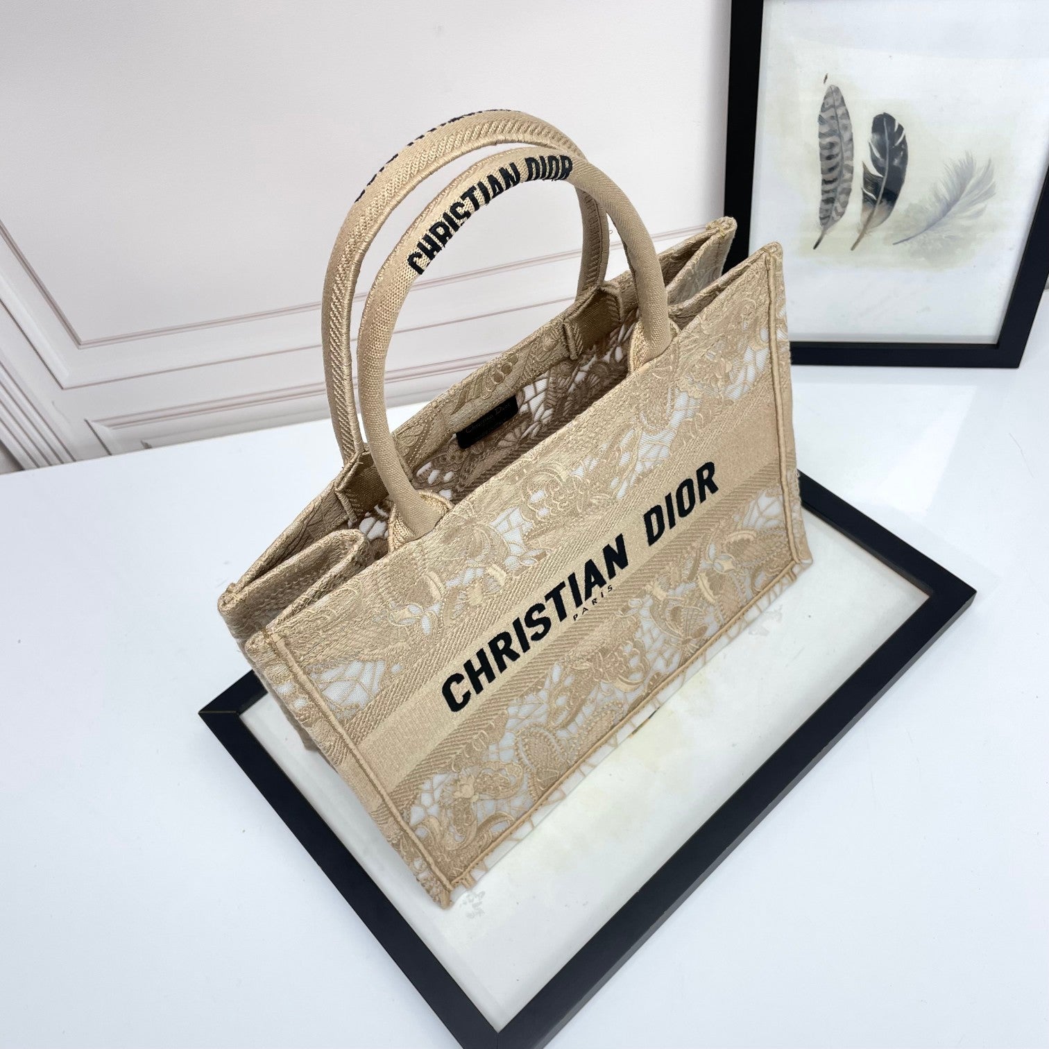 Dior Elegant Beige Canvas Tote Bag with White Lace Embroidery