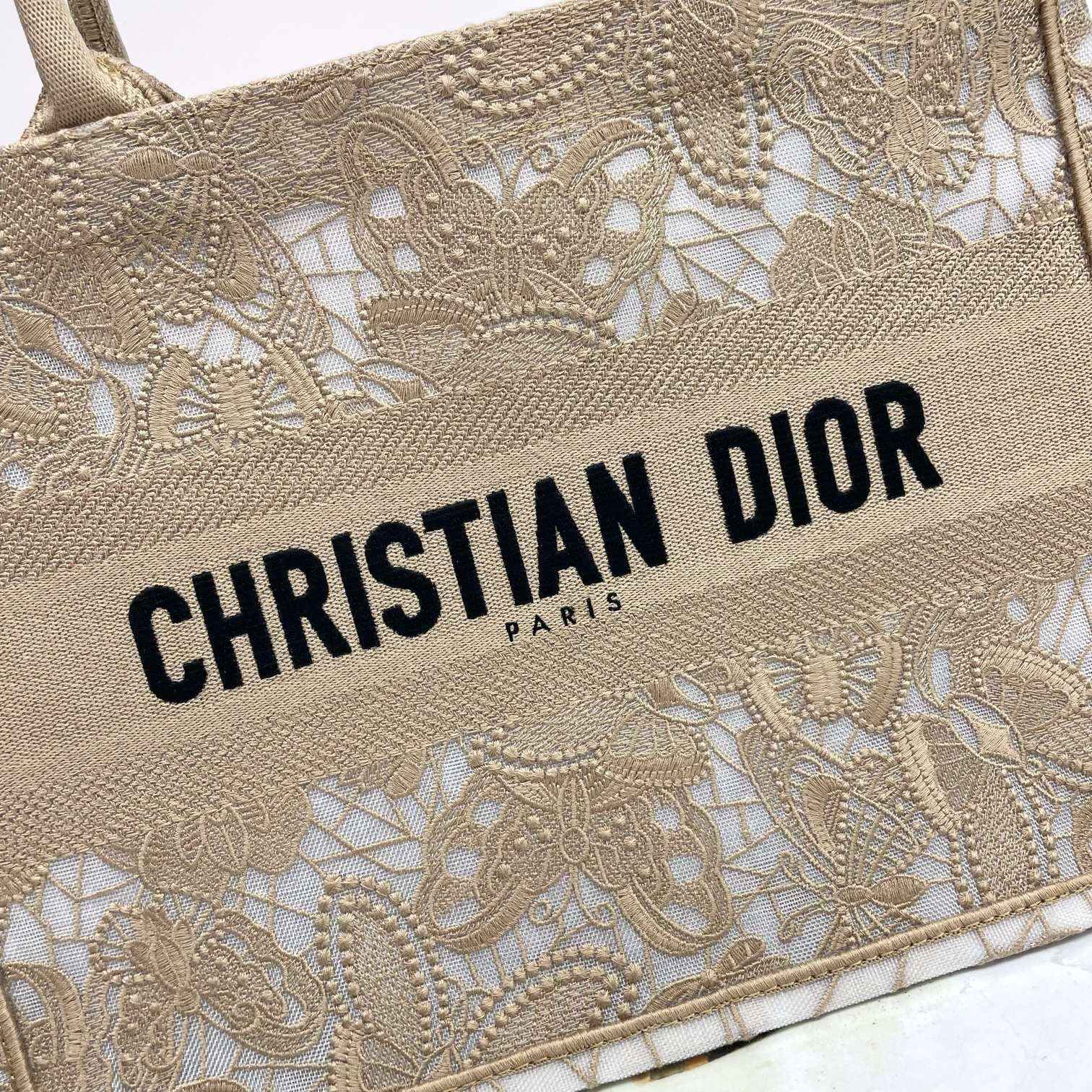 Dior Elegant Floral Lace Embroidered Canvas Tote Bag with Top Handles