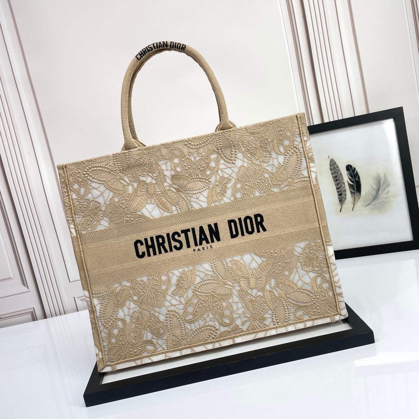 Dior Beige Floral Lace Embroidery Canvas Tote Bag Large Shopping Handbag