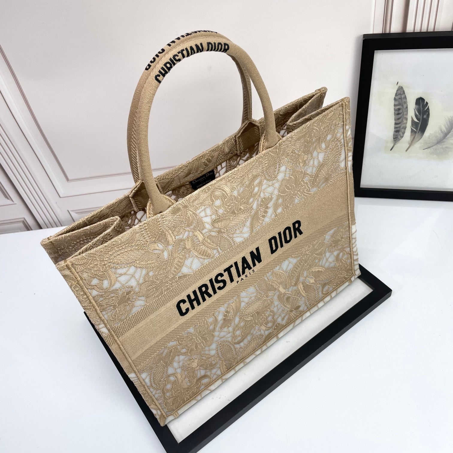 Dior Beige Floral Lace Embroidery Canvas Tote Bag Large Shopping Handbag