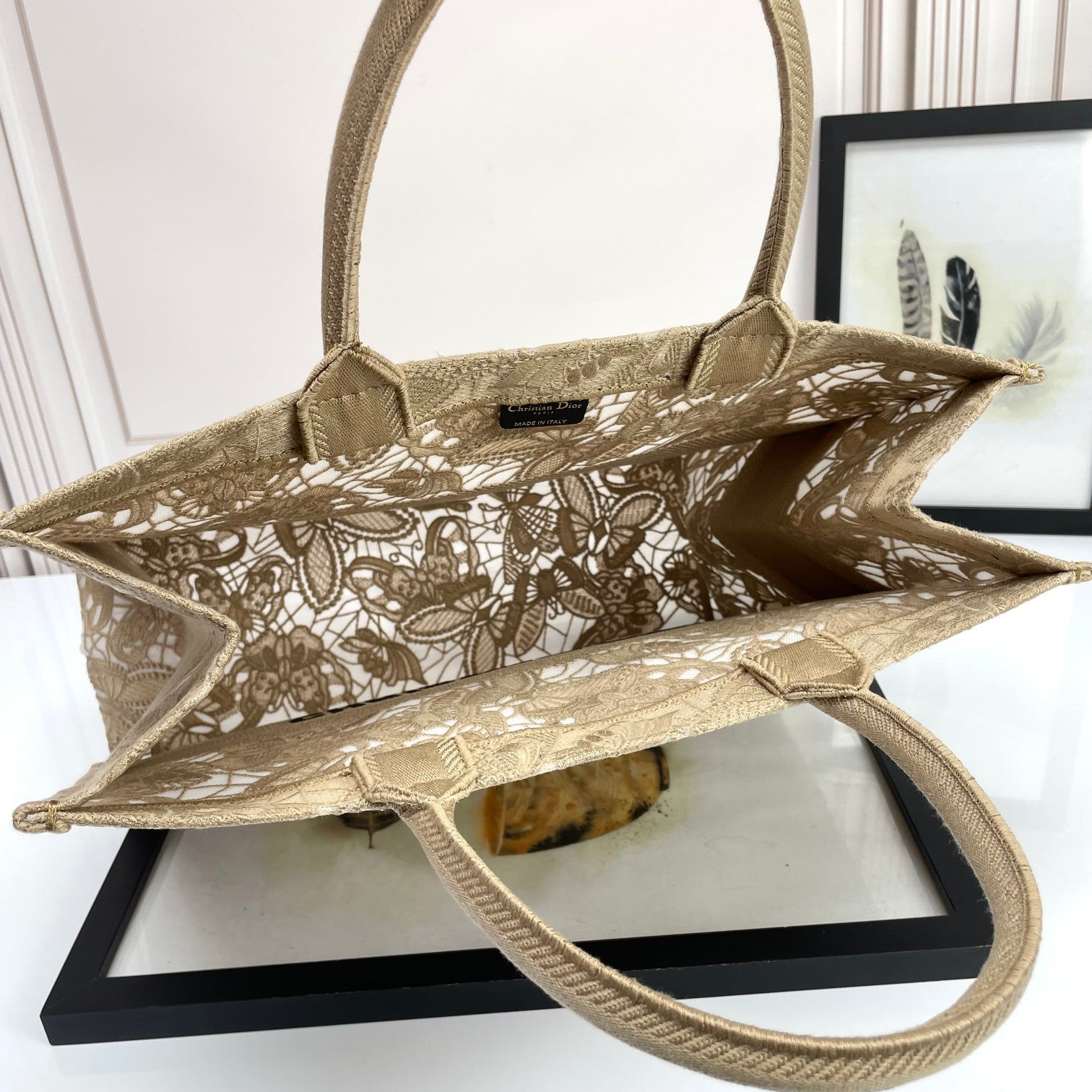Dior Beige Floral Lace Embroidery Canvas Tote Bag Large Shopping Handbag
