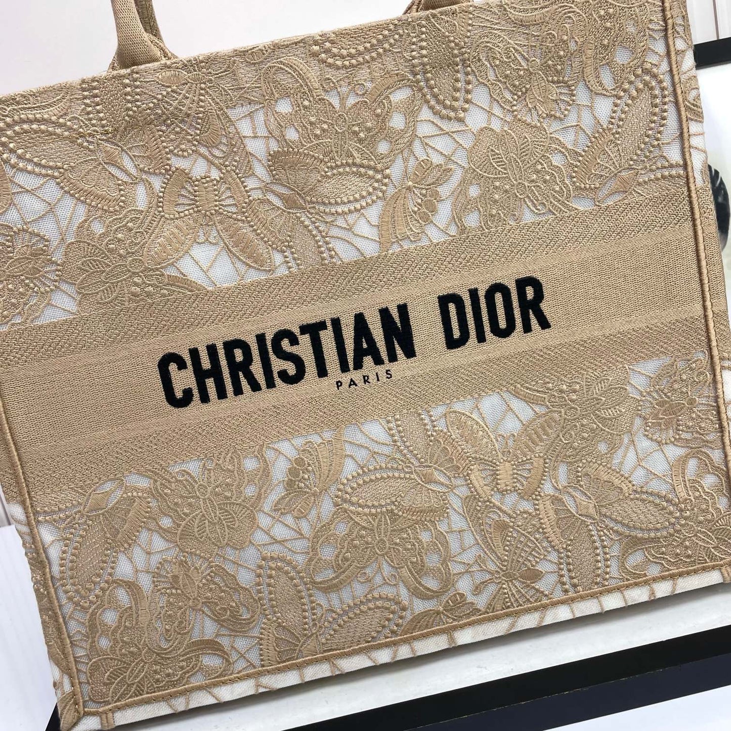 Dior Beige Floral Lace Embroidery Canvas Tote Bag Large Shopping Handbag