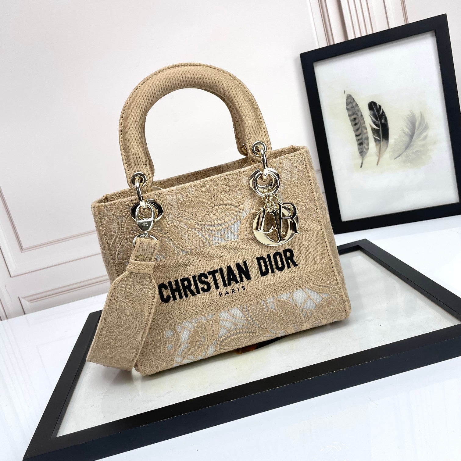 Dior Elegant Beige Embroidered Canvas Top Handle Handbag with Shoulder Strap