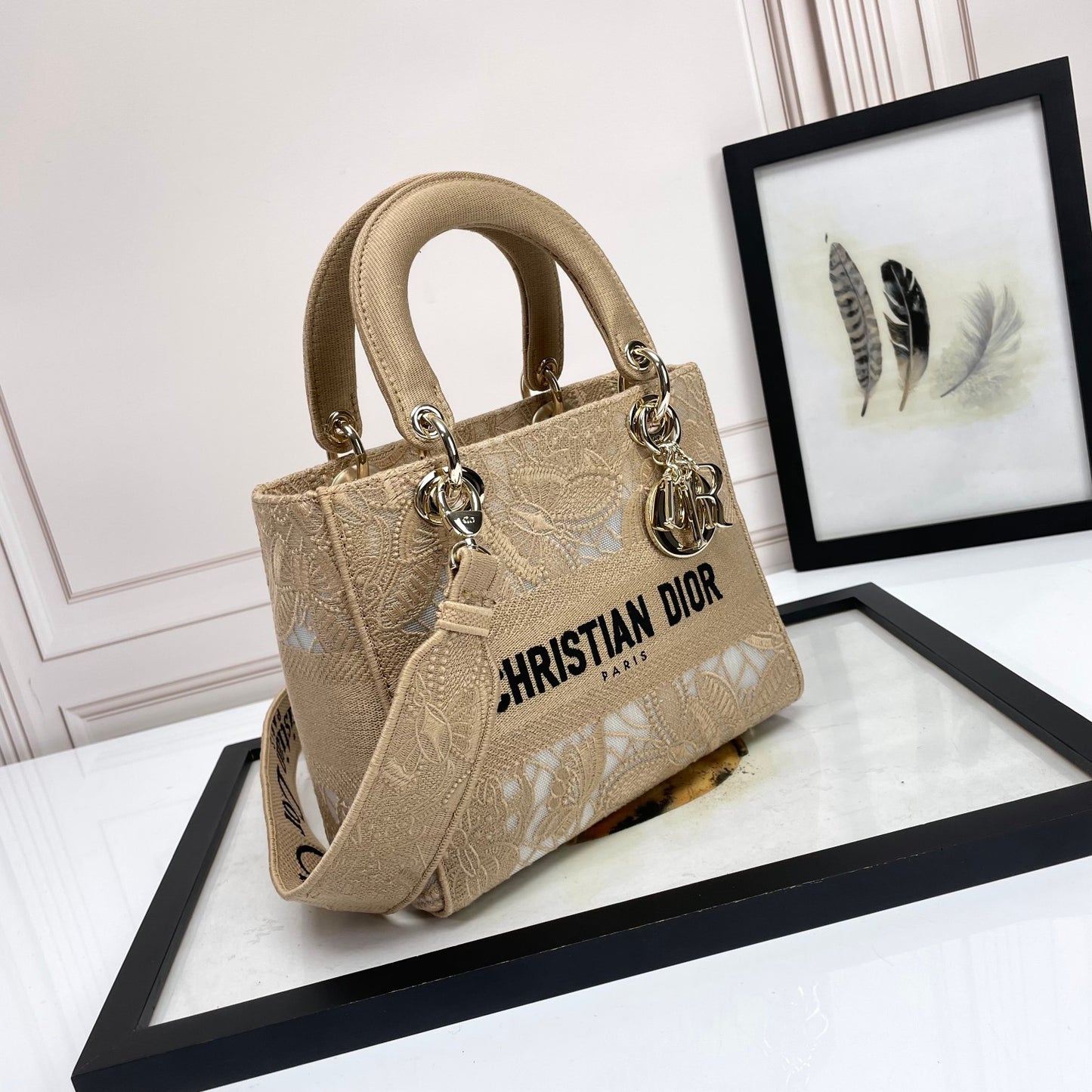 Dior Elegant Beige Embroidered Canvas Top Handle Handbag with Shoulder Strap
