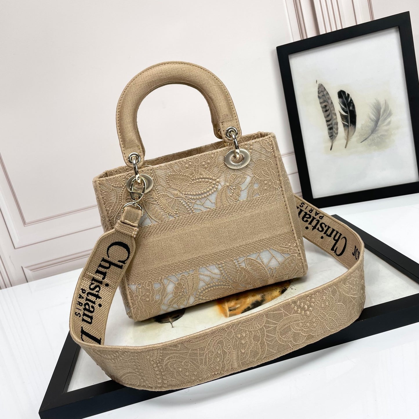 Christian Dior Lady D-Lite Bag Beige Embroidered Canvas Medium Handbag