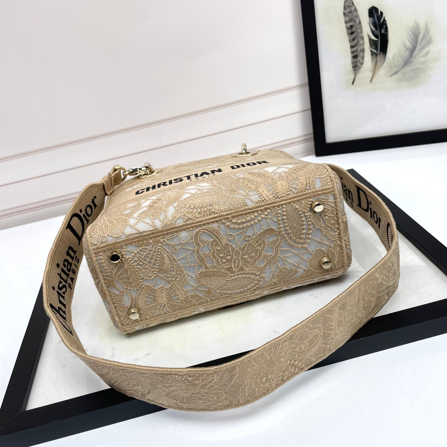 Dior Beige Floral Embroidered Top Handle Handbag with Strap