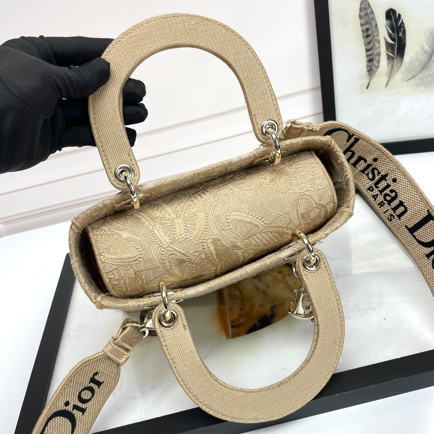 Dior Elegant Beige Embroidered Canvas Top Handle Handbag with Shoulder Strap